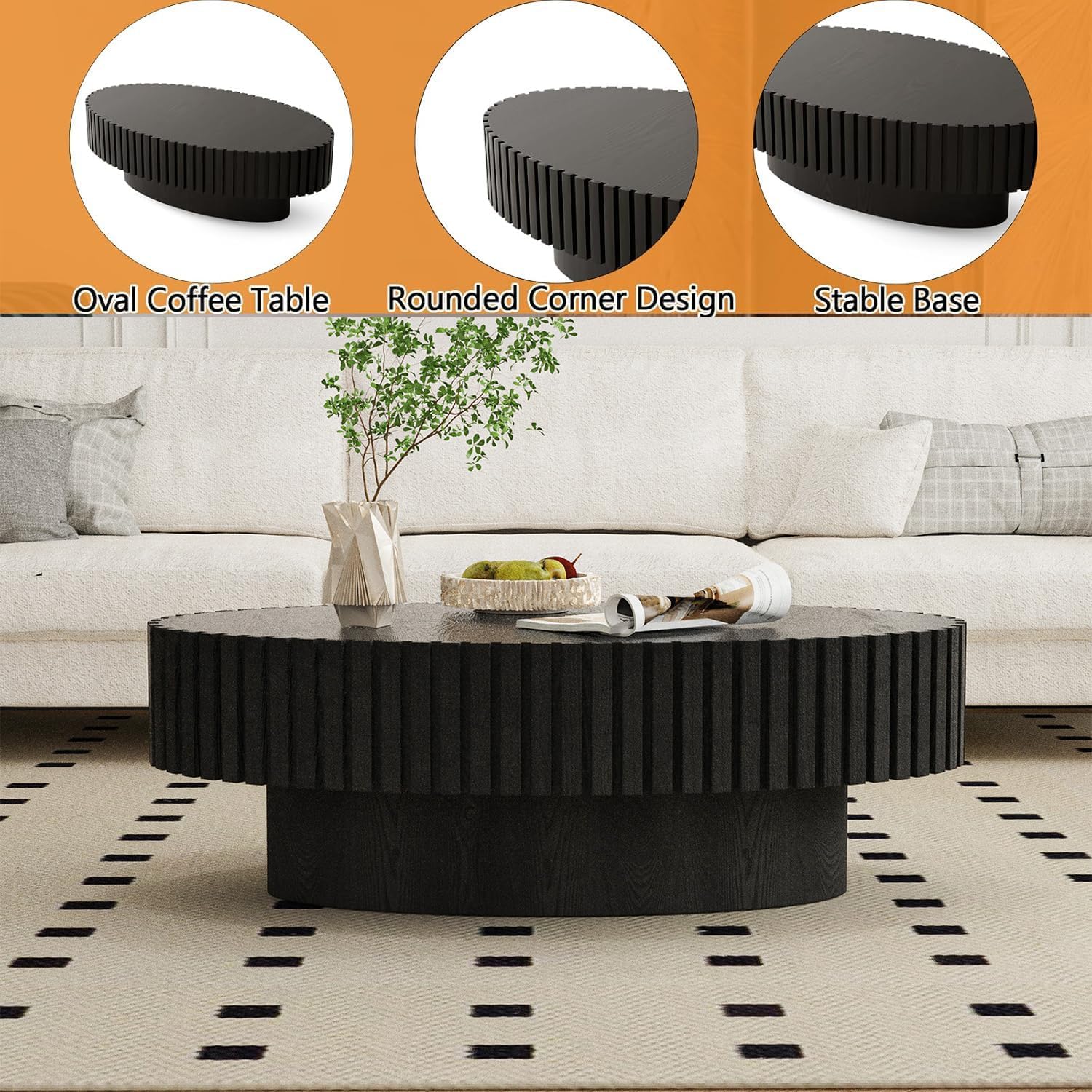 Oval Coffee Table Modern Coffee Tables Handcrafted Relief Wood Tea Table with Sturdy Pedestal Contemporary Fluted Coffee Table Rustic Center Table for Apartment Office,Black Oval