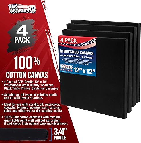 Miniatura 2 de U.S. Art Supply Mini lienzos negros de 12 x 12 pulgadas para pintar, paquete de 4 lienzos pequeños estirados a granel para artista, imprimado