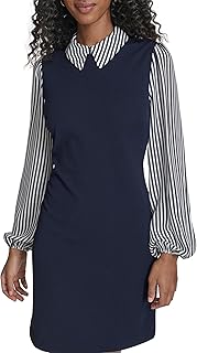 Tommy Hilfiger Women's Long Sleeve Collared Peter Pan Shift Mini Dress, Sky Captain/Ivory, 14