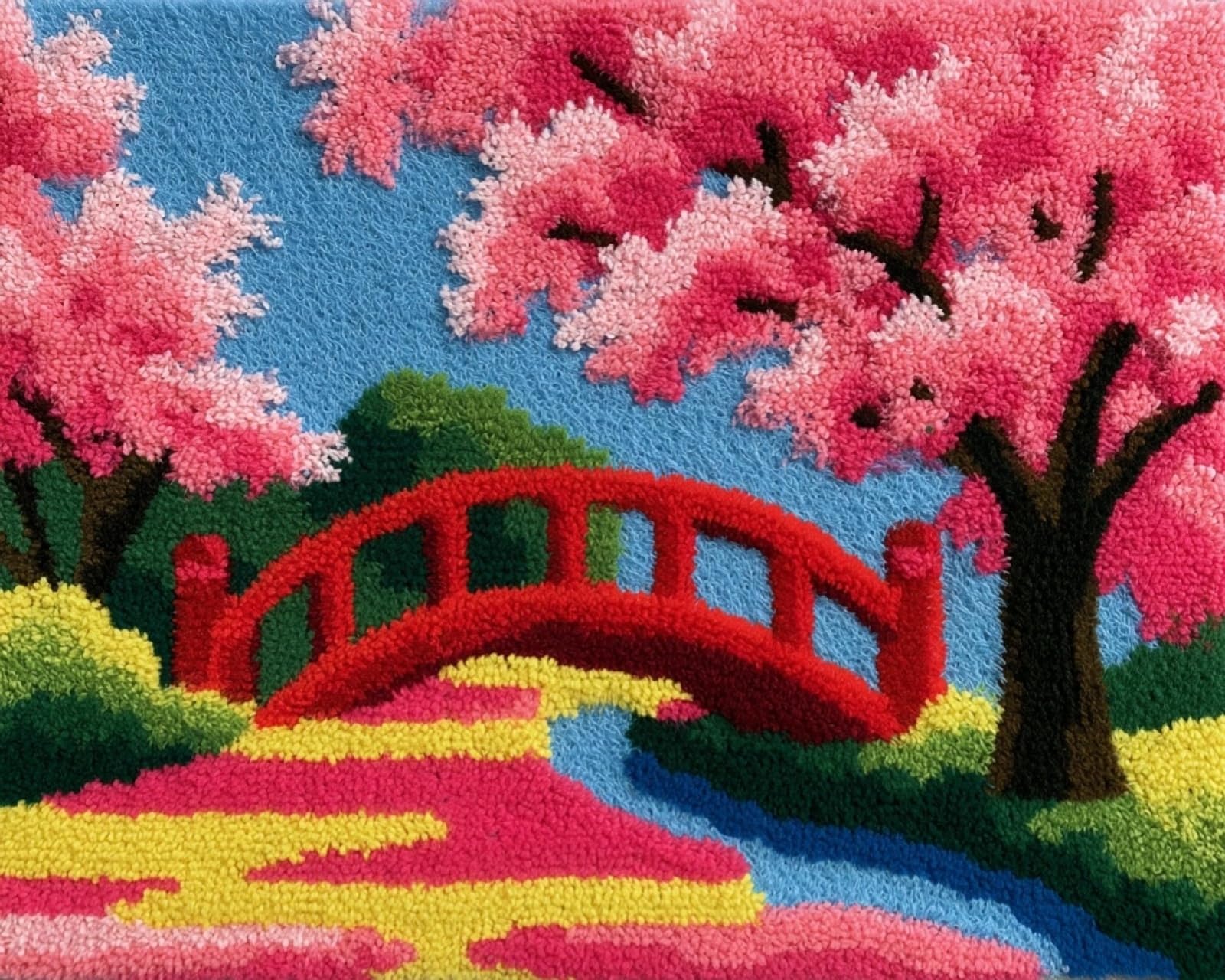 DIY Latch Hook Rug Kit,Cherry blossom trees on the arched bridge