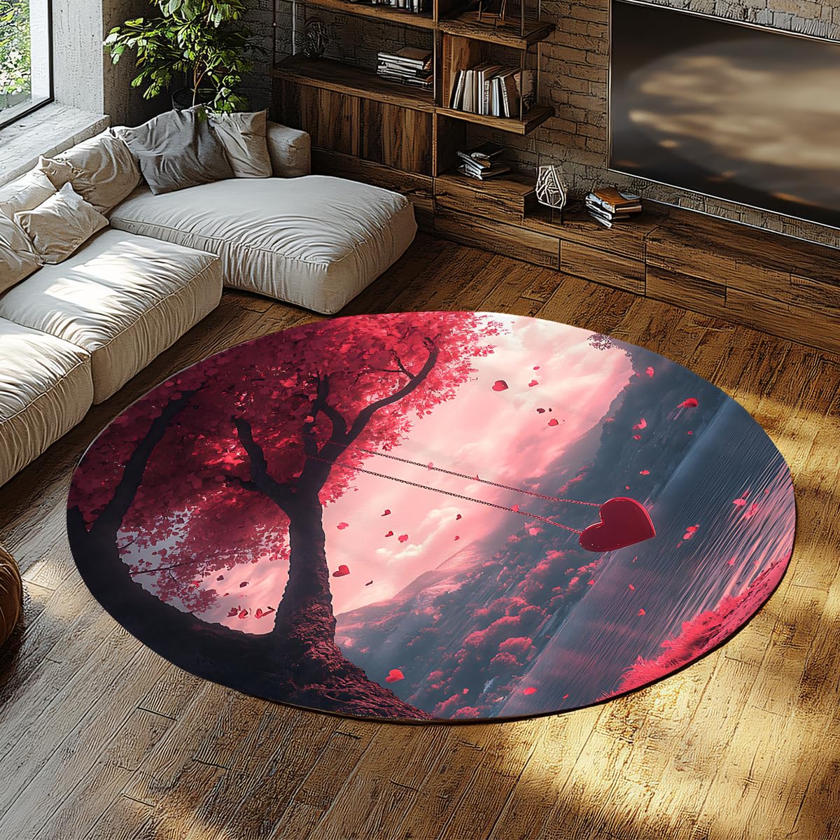 Tapis lavable balançoire rond motif Saint-Valentin avec caoutchouc antidérapant
