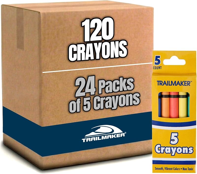 Trail maker Wholesale Bright Wax Coloring Crayons in Bulk 24 Pack, 5 Per Box in Assorted Bundle Art Sets (24 Pack)