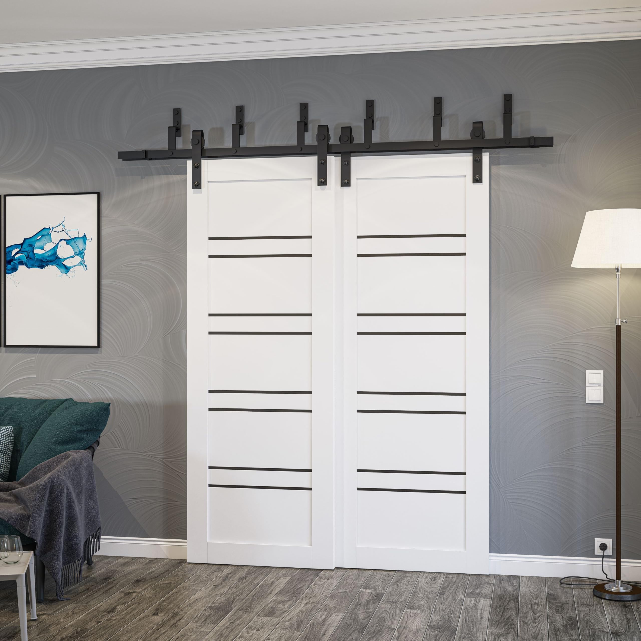 SARTODOORS Sliding Closet Doors 56 x 84 inches | Base 1094 White Barn Bypass/Black Rail | Opaque Glass MDF Modern | Closet Bedroom