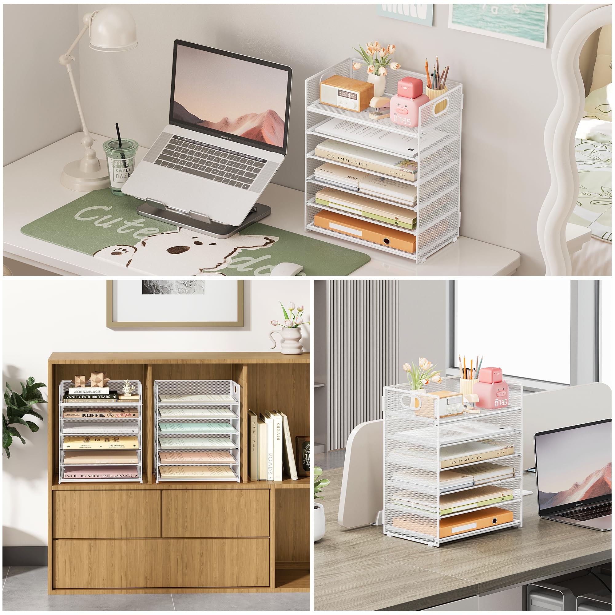 Subekyu Lot de 2 organiseurs de papier de bureau à 6 niveaux, bac à courrier avec poignée, trieur de documents et porte-accessoires pour bureau, maison et école, blanc