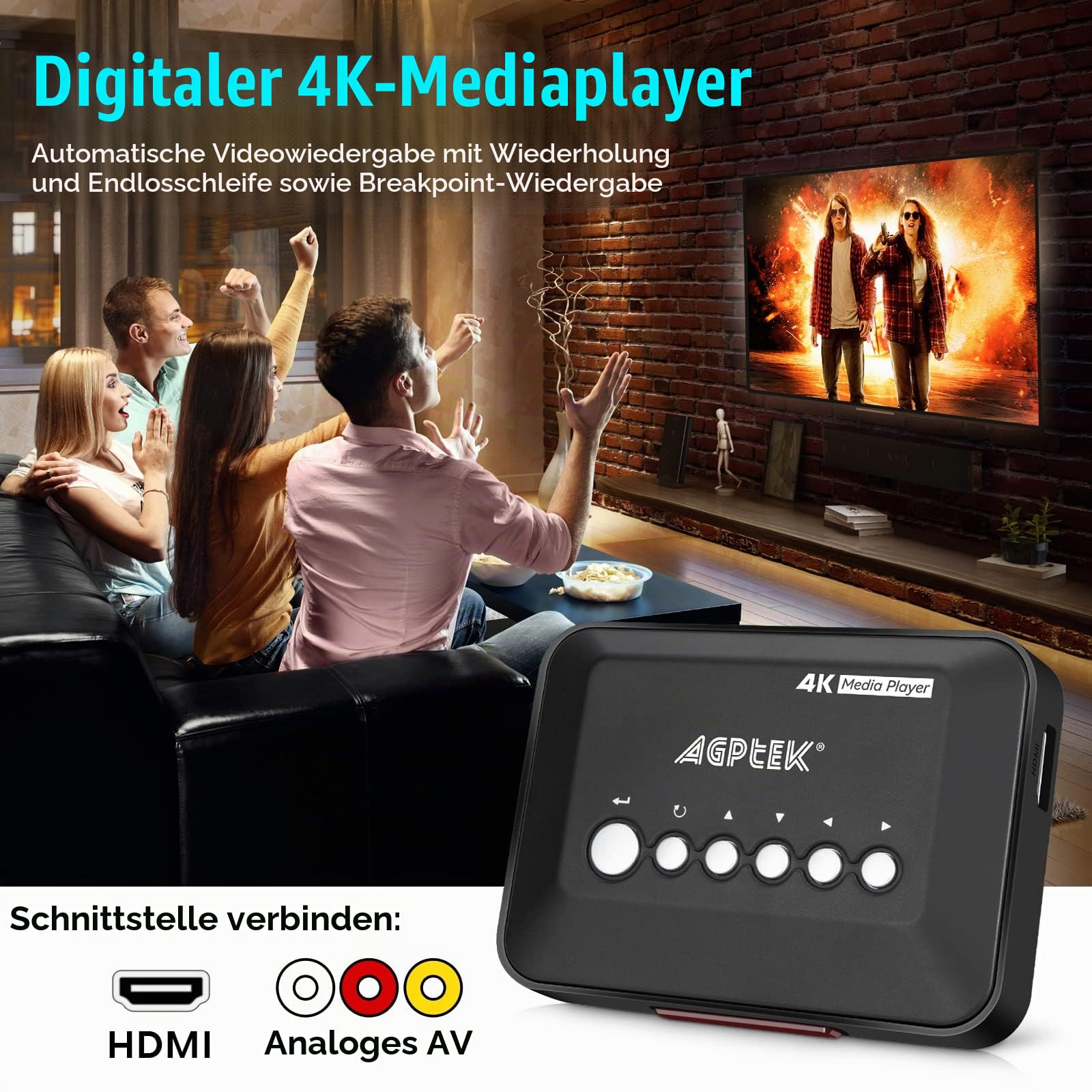 4 K @ 30 Hz Multimedia-Player TV HDMI mit HDMI/AV-Ausgang, HD Media Player für 14 TB HDD/512 G USB-Stick/SD/H.265 MP4, mit Fernbedienung für MP3 AVI RMVB MPEG etc.