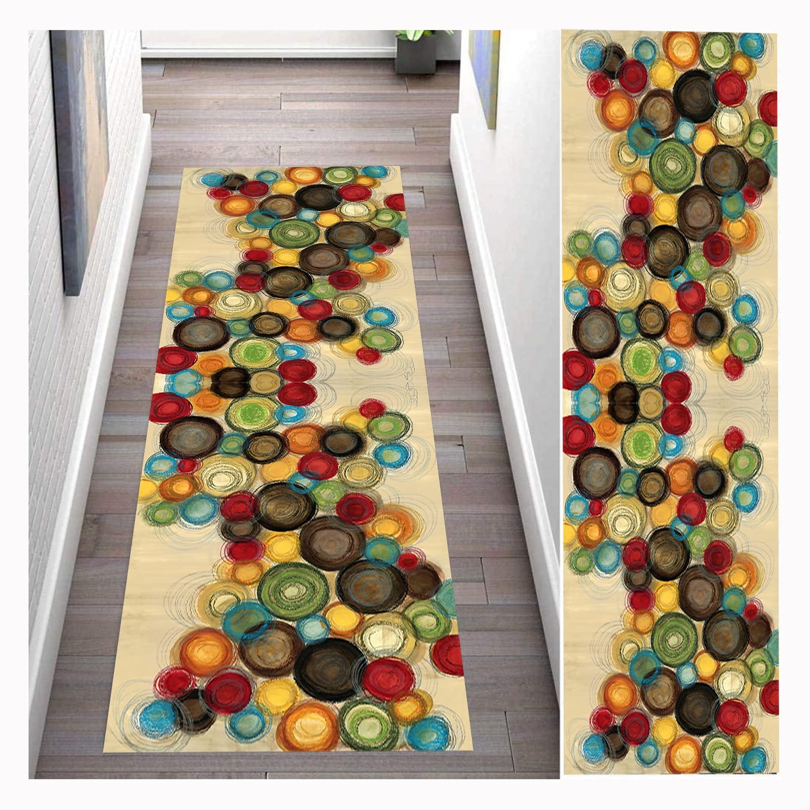 Alfombra de pasillo larga de pelo corto beige con protección antideslizante lavable de 90x220 cm
