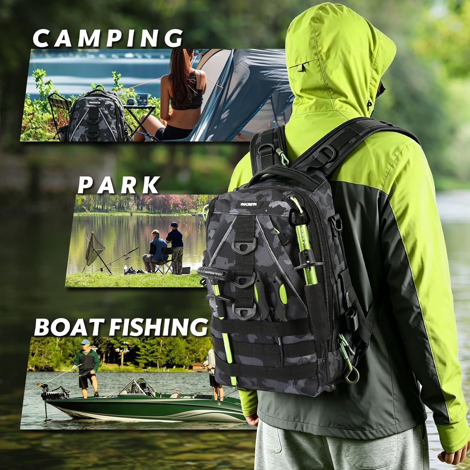 Fishing Backpack with Tackle Boxes,Fishing Lure Kit and Tool | Waterproof Fishing Tackle Bag With Rod Holder, Sling Backpack wtih Fishing Gear, Fishing Gifts for Men Woman Anglers