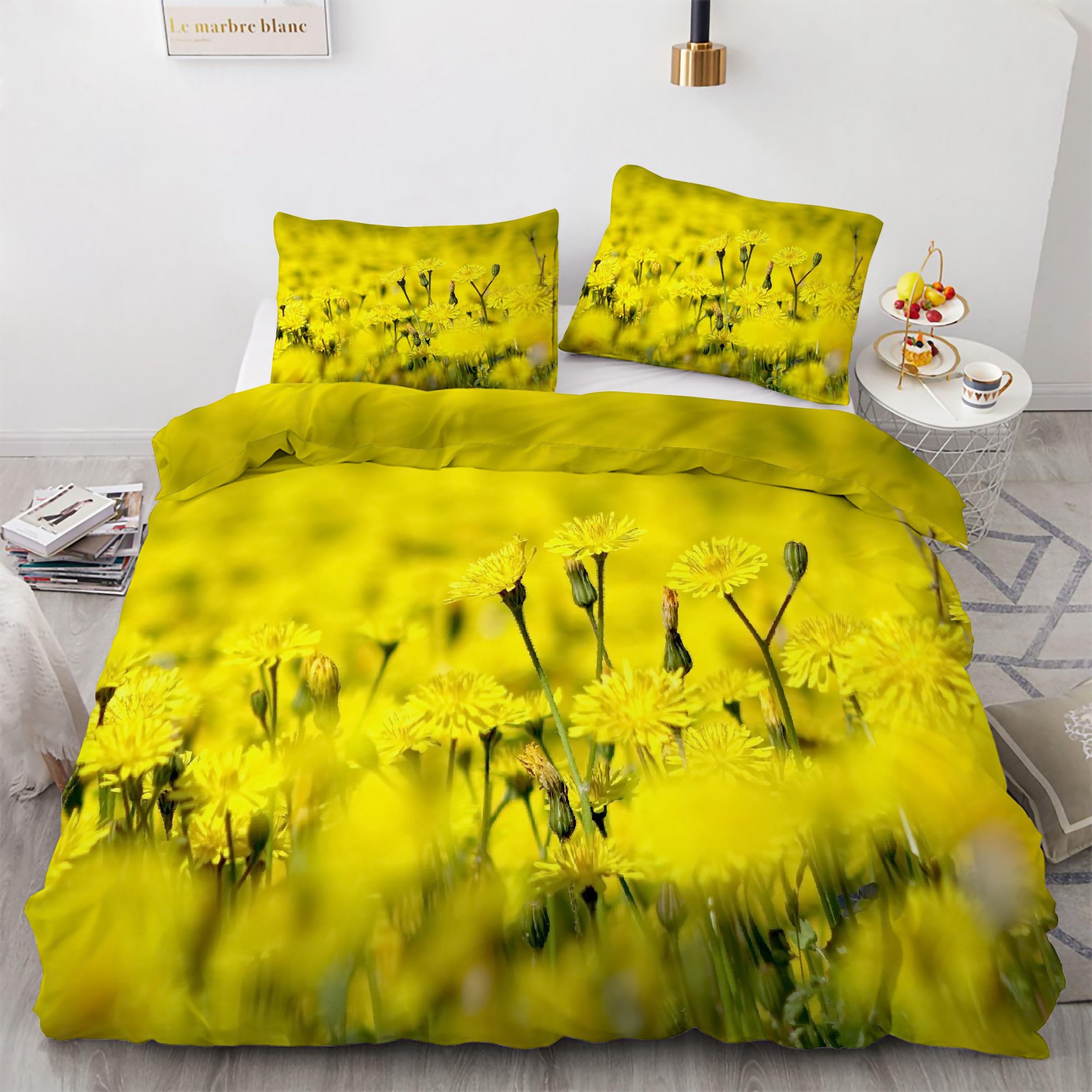 Parure de lit 90x190 jaune marguerite avec housse de couette et taies d'oreiller