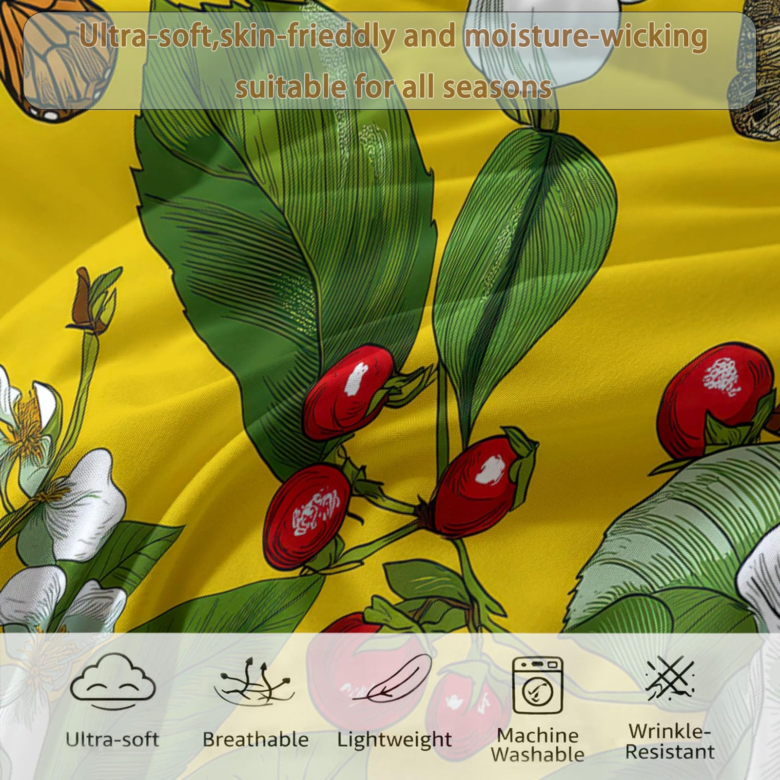 Marienkäfer Schmetterling Beeren Bettdecke 155 x 220 cm 4 Jahreszeiten Steppdecke, Tropischer Stil Waschbare Ganzjahresdecke Kinder Bettwaren Set Babyzimmer Kinderzimmer Bettdecke Ohne Bezug