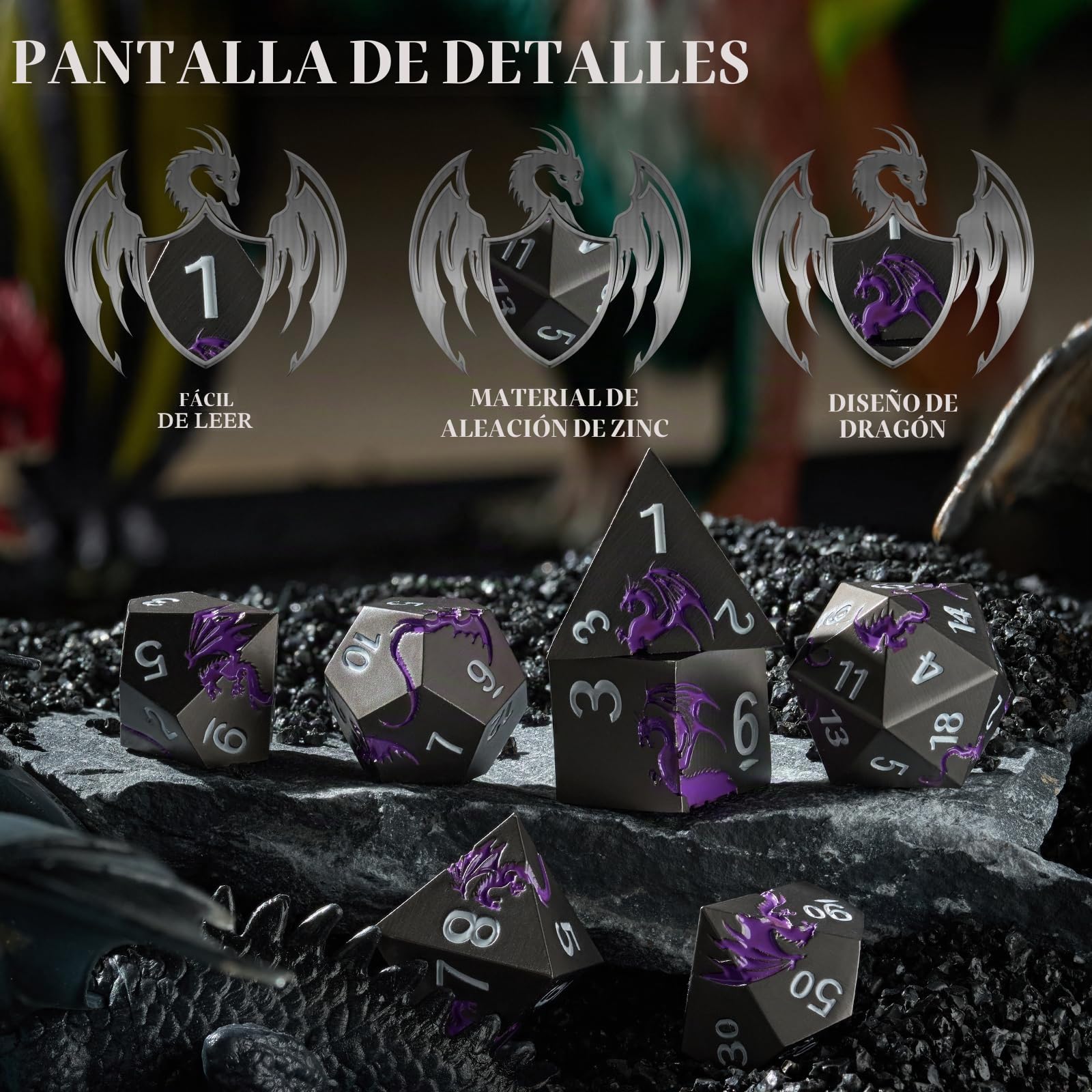 Juego de dados de metal D&D, dados poliédricos de 7 piezas, dragón, metálicos, para juego de mesa de Dungeons and Dragon, RPG (dragón negro y púrpura)