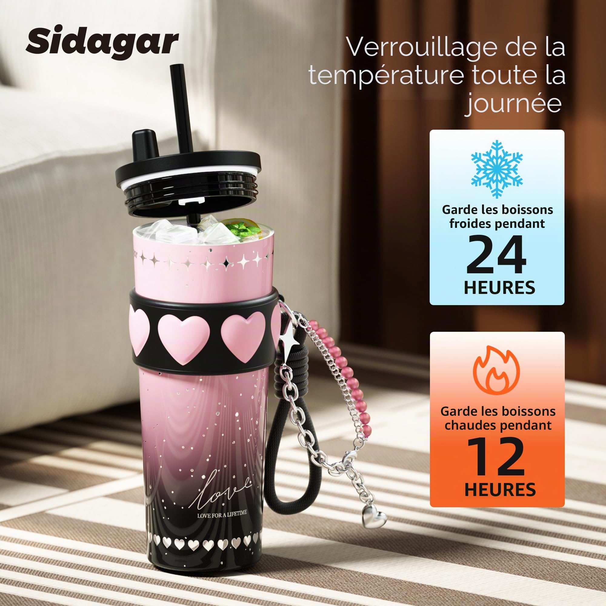 Gobelet en acier inoxydable de 710 ml avec couvercle et paille, tasse à café isotherme, anti-fuite, portable, réutilisable, tasse à café isotherme pour femme, rose