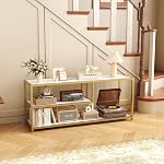 Function Home TV Pour les téléviseurs jusqu'à 55 De pouce, 3 Centre de divertissement Tier, Console multimédia avec étagères de rangement ouvertes pour chambre à coucher salon, 47” Moderne TV Table avec pied en métal doré de marbre faux
