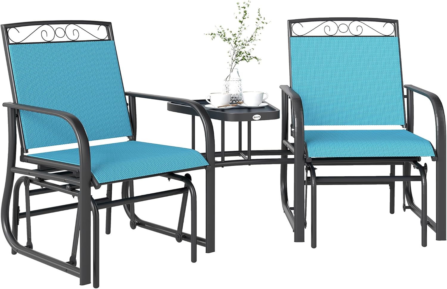 Outsunny Outdoor Glider Chairs with Coffee Table, Patio 2-Seat Rocking Chair Swing with Breathable Sling for Backyard, Garden and Porch, Blue