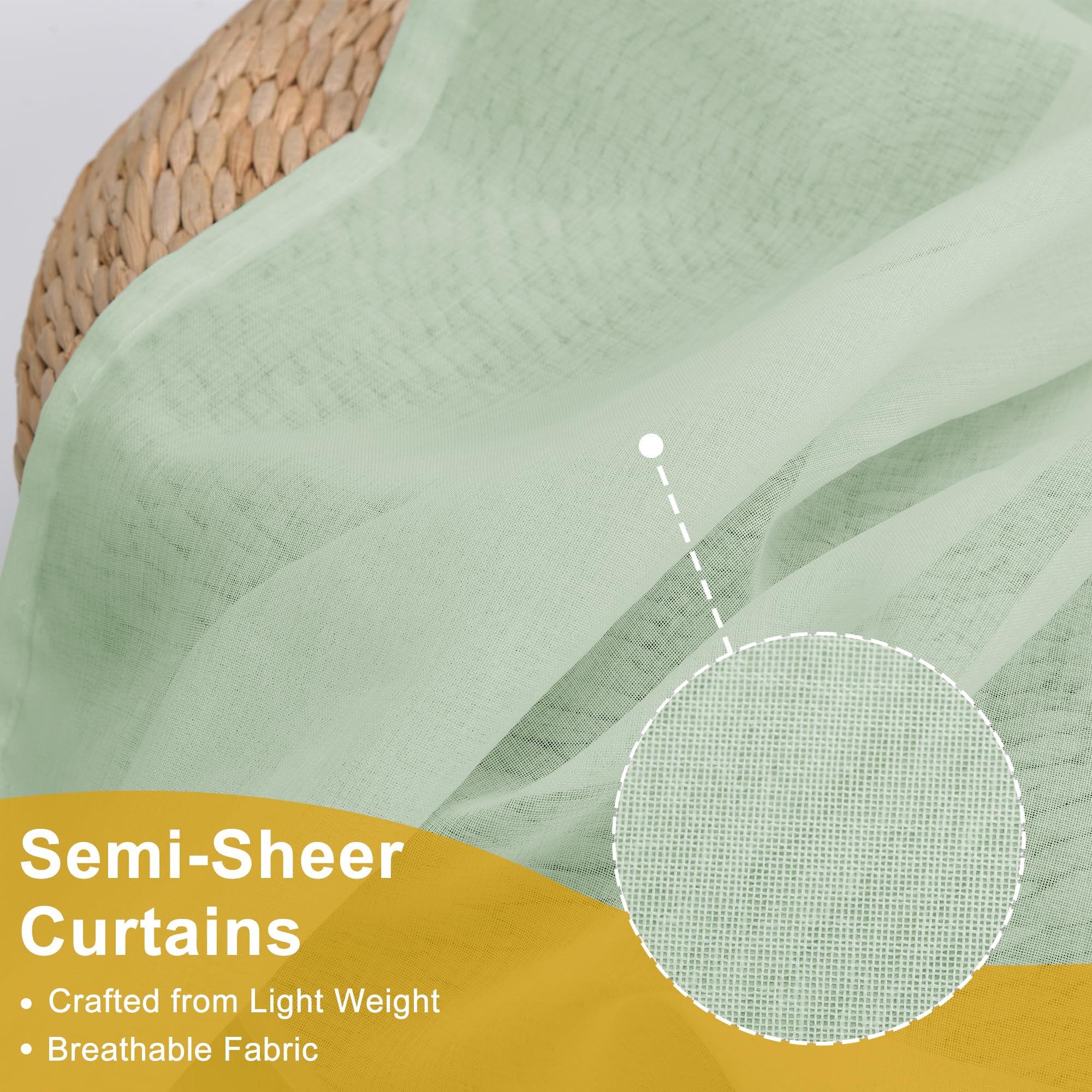 DWCN - Tende in voile con nastro arricciato effetto lino, 2 pezzi, semitrasparenti, per soggiorno, tende trasparenti, verde, 225x140cm (altezza x larghezza)