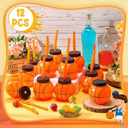 Miniatura 9 de Nuanchu Juego de 24 tazas de baloncesto de 14 onzas con pajitas y tapas, vasos de bolas de plástico reutilizables, vasos de baloncesto para fiestas,
