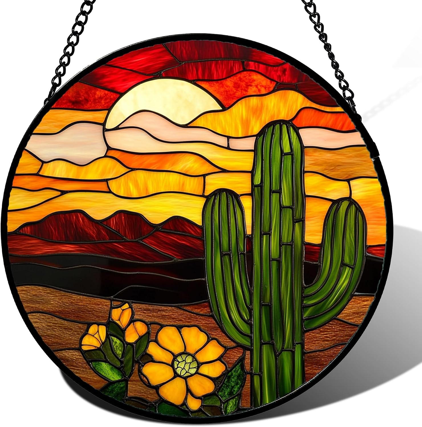 Stained Glass Window Hanging Desert Sunset Cactus Large 11.8" - Flower Suncatcher Door Garden Sun Catcher Home Decor Birthday Mother's Day for Mom Woman Friend Nana Girl Men