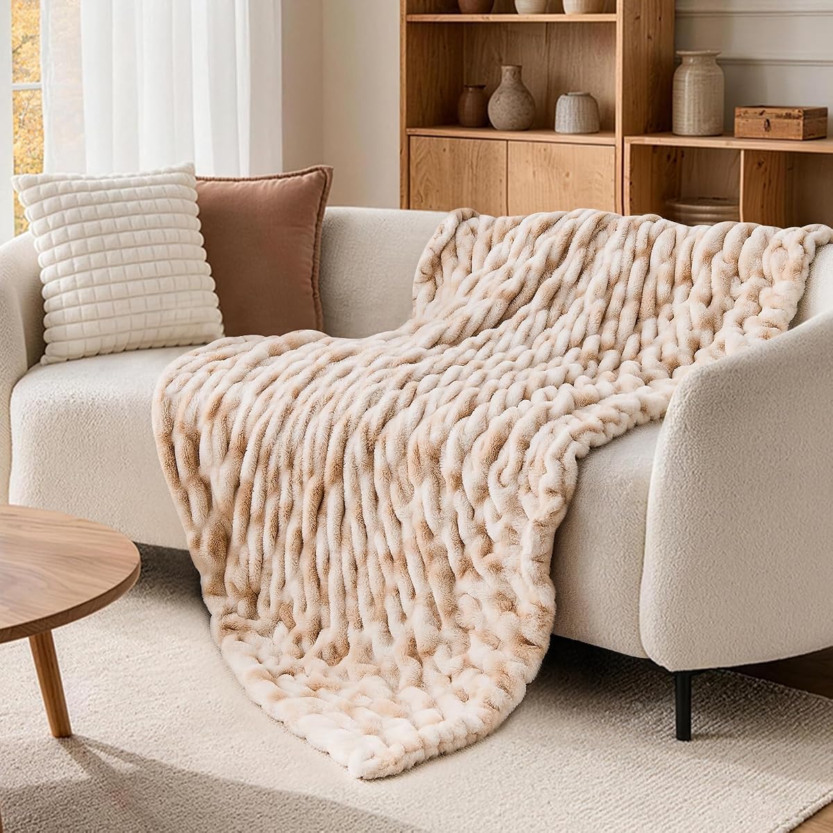 Double Sided Ruched Faux Rabbit Fur Throw Blanket,50x60 CaramelCream | 1000GSM Cozy Plush, Thick Warm Mink Blanket for Couch and Bed,Luxury Creamy Room Decor, Ultra Soft Fuzzy Gifts for Women
