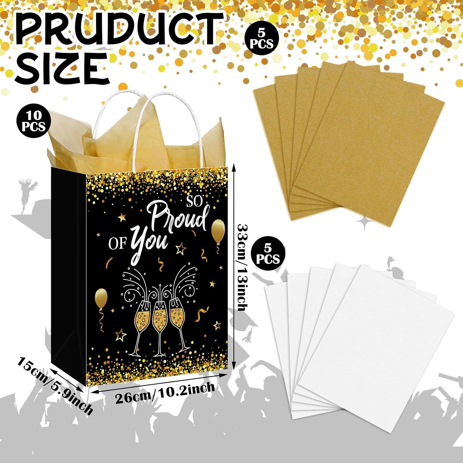 Geyoga 10 Pcs 13'' Large 2026 Graduation Party Favor Bags with Handles and Tissue Papers, Class of 2026 Graduation Gift Bags for High School College Congrats Grad Party Supplies(Black and Gold)