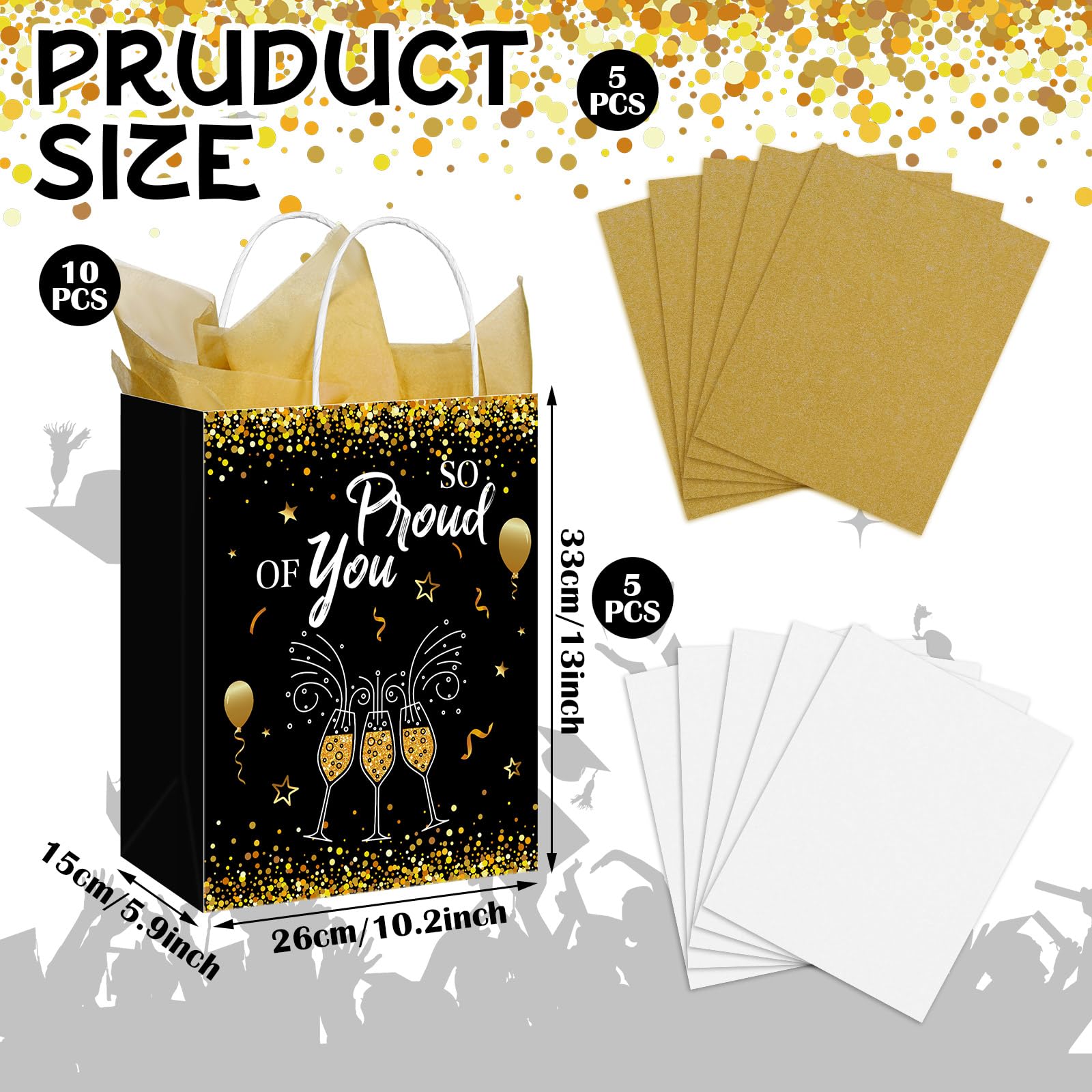 Geyoga 10 Pcs 13'' Large 2026 Graduation Party Favor Bags with Handles and Tissue Papers, Class of 2026 Graduation Gift Bags for High School College Congrats Grad Party Supplies(Black and Gold)