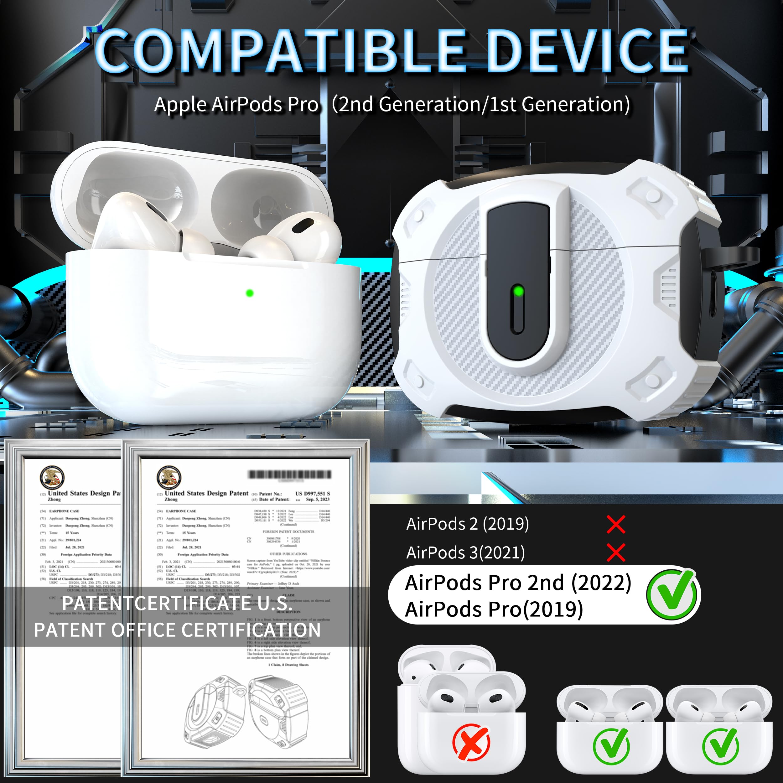 RFUNGUANGO Coque AirPods Pro 2 Militaire Avec Kit Nettoyage Et Serrure - Protection Noire