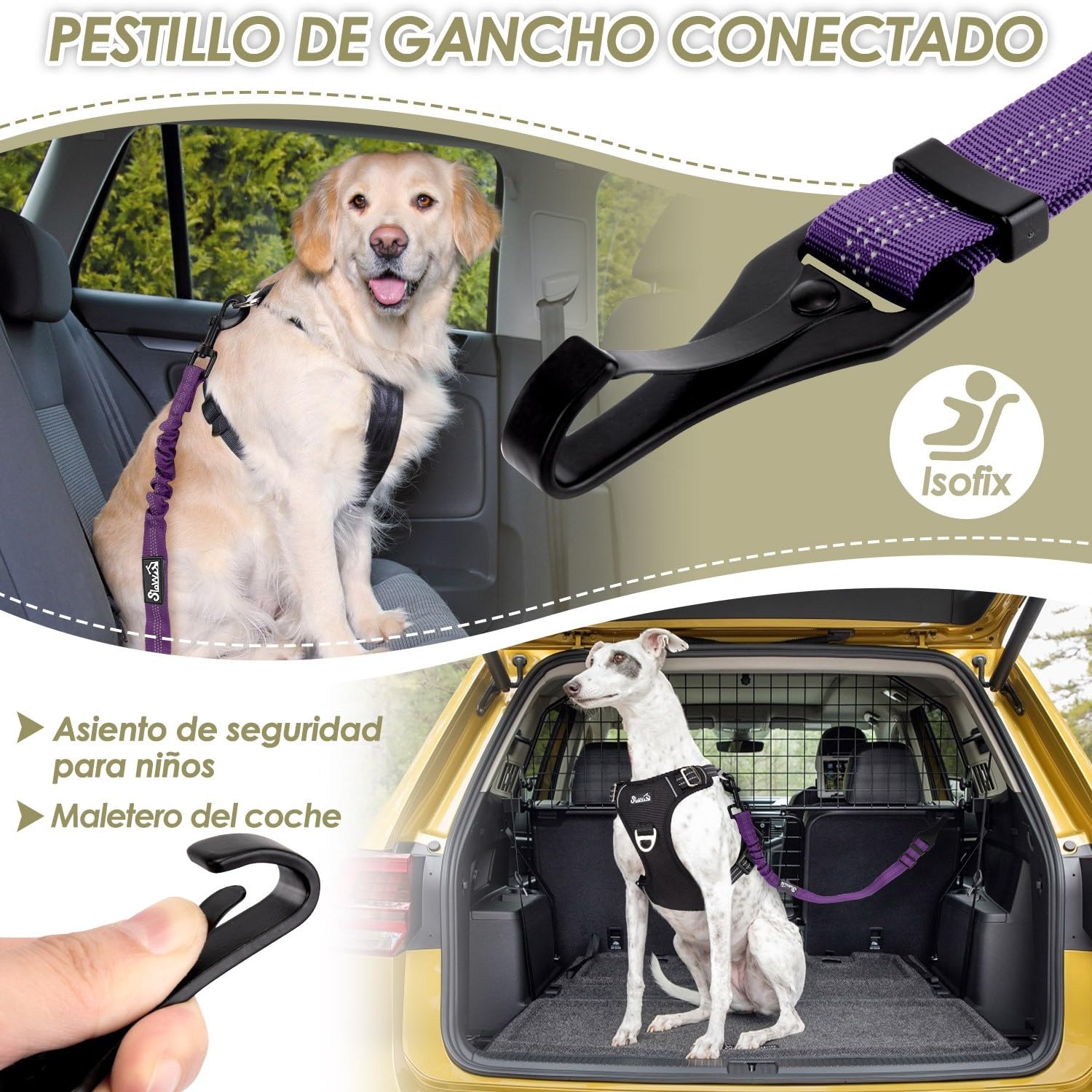 SlowTon 2 Cinturón de Seguridad de Coche para Perros, Ajustable, 2 Paquetes de Correas de Seguridad para Perros Pequeños, Medianos y Grandes, Cinturón de Seguridad Elástico