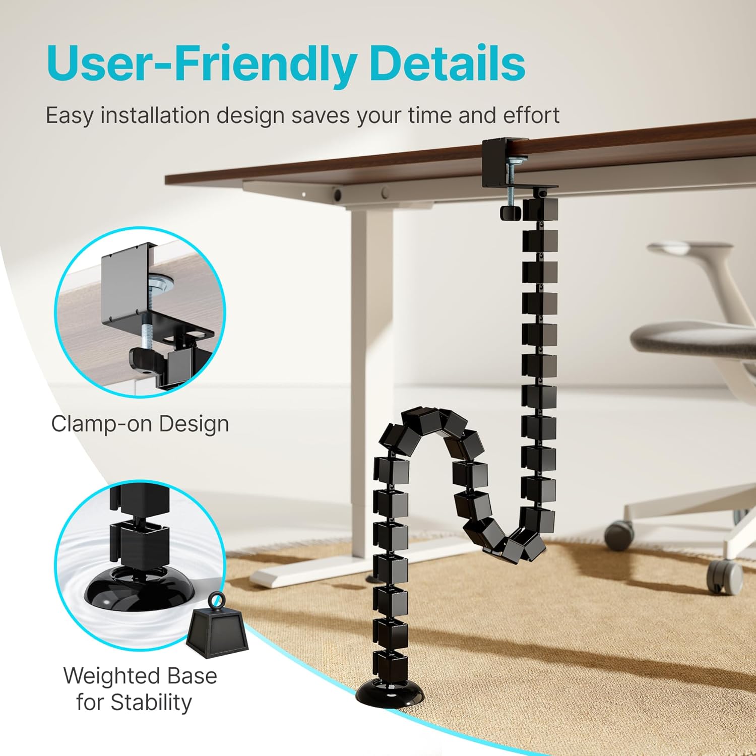 PEGZONE Under Desk Cable Management Spine – Flexible Cable Snake Organizer for Standing Desk, No Drill Clamp-on Vertebrae Wire Management for 0.4"-2" Table, Black