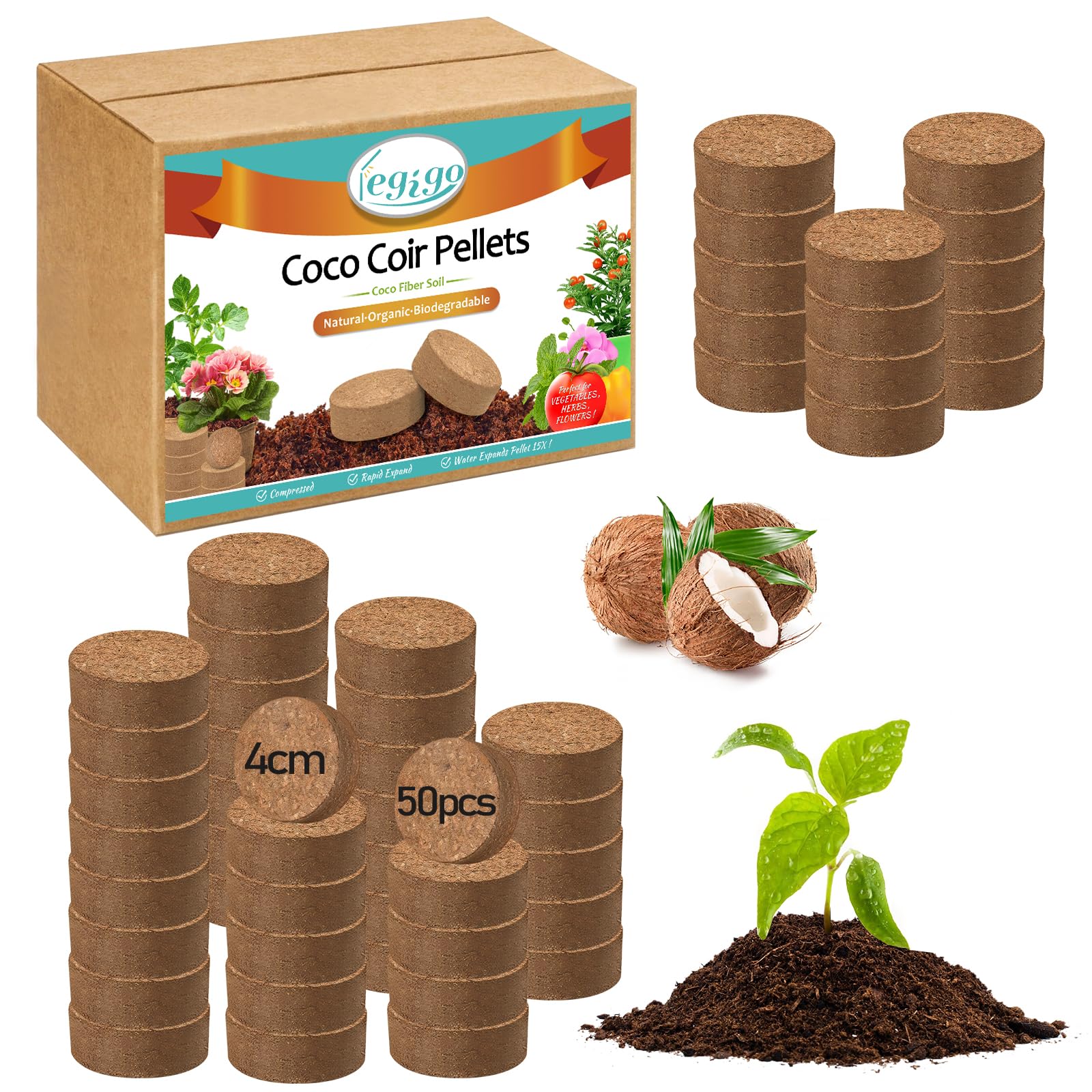 Legigo 50 Pcs 40mm Coco Coir Pellets Seed Starter Soil Mix- Organic Coconut Coir Potting Soil Pods for Seedling, Coco Peat Soil Discs for Indoor & Outdoor Plants Bonsai Herbs Vegetables and Flowers