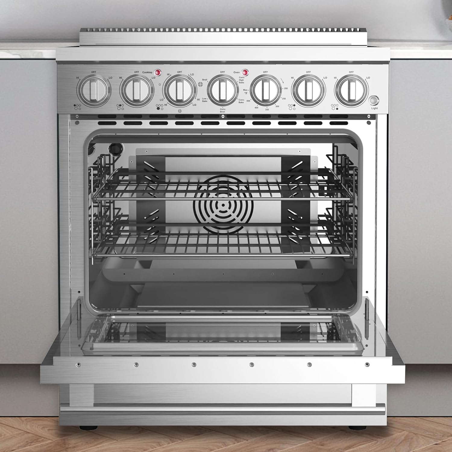 Interior view of the oven showing two racks placed in different positions, with five possible rack positions indicated.