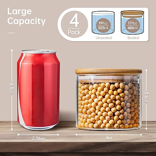 Miniatura 2 de Paquete de 4 tarros de vidrio de 17 onzas con tapas de bambú, recipientes de almacenamiento de alimentos de vidrio con tapas herméticas, recipientes