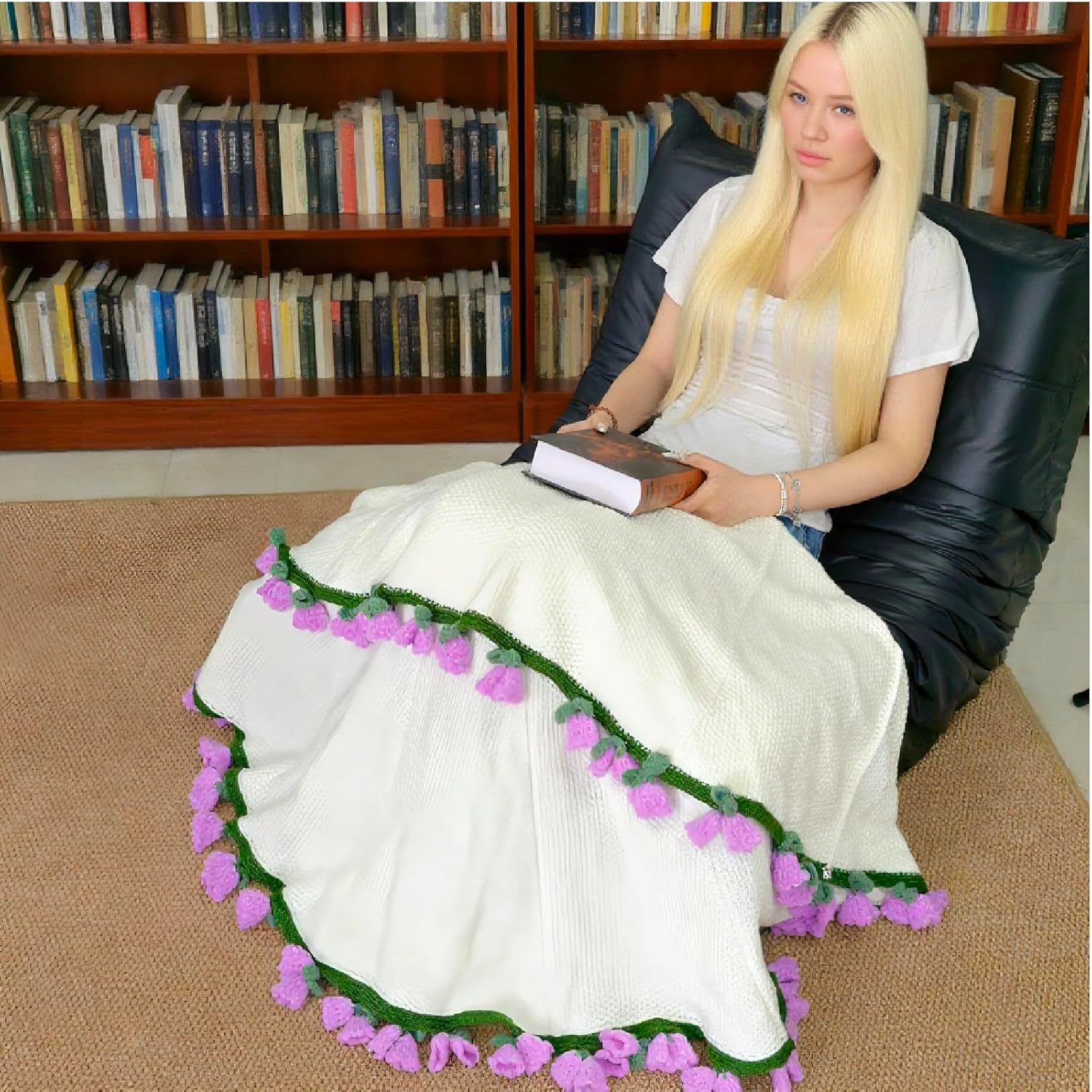 Crochet Purple Flowers Bouquet Blanket, Handmade Floral Throw Blanket, 40" Floral Soft Romantic Gifts for Birthday, Wedding, Home Decor, Bed, Sofa（Lily of The Valley）