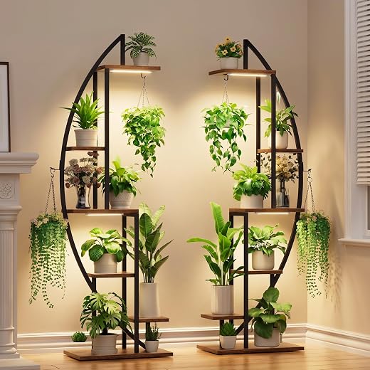 BACEKOLL Indoor Plant Stand with Grow Lights, 6 Tier Tall Shelf, 160cm Metal Plant Stand for Indoor Plants Half Moon Plant Shelf, 2 Stands