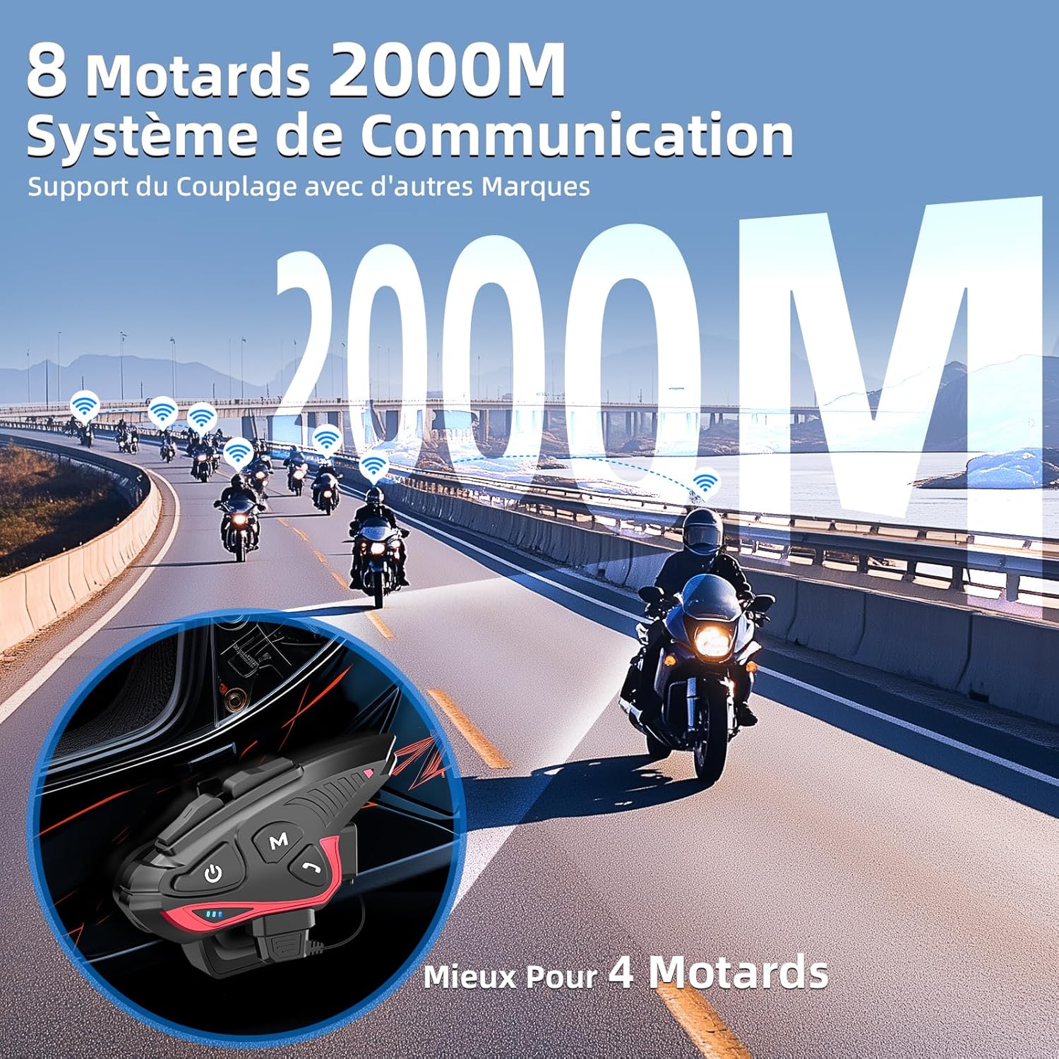 Multiple motorcyclists riding on a highway, with an overlay indicating a 2000m communication range for 8 riders and support for pairing with other brands.