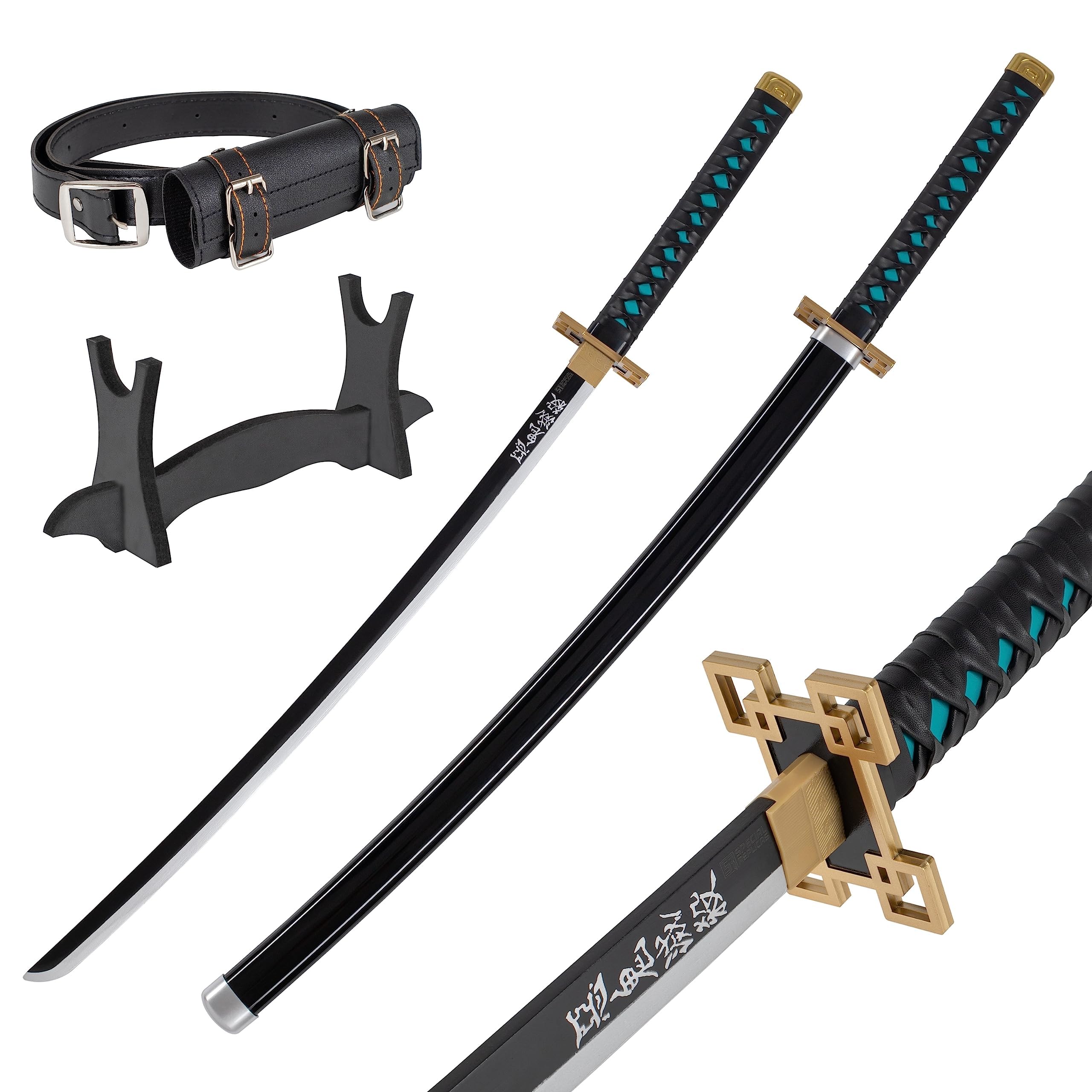 57 SPECIAL REPLICAS Daemon Slayer Katana Schwert 105 cm/41 Zoll - Samurai Schwert Holz mit Gürtel, Ständer & Scheide - Holzschwert aus Bambusholz für Anime Cosplay- Anime Schwerter (Nicht Scharf)