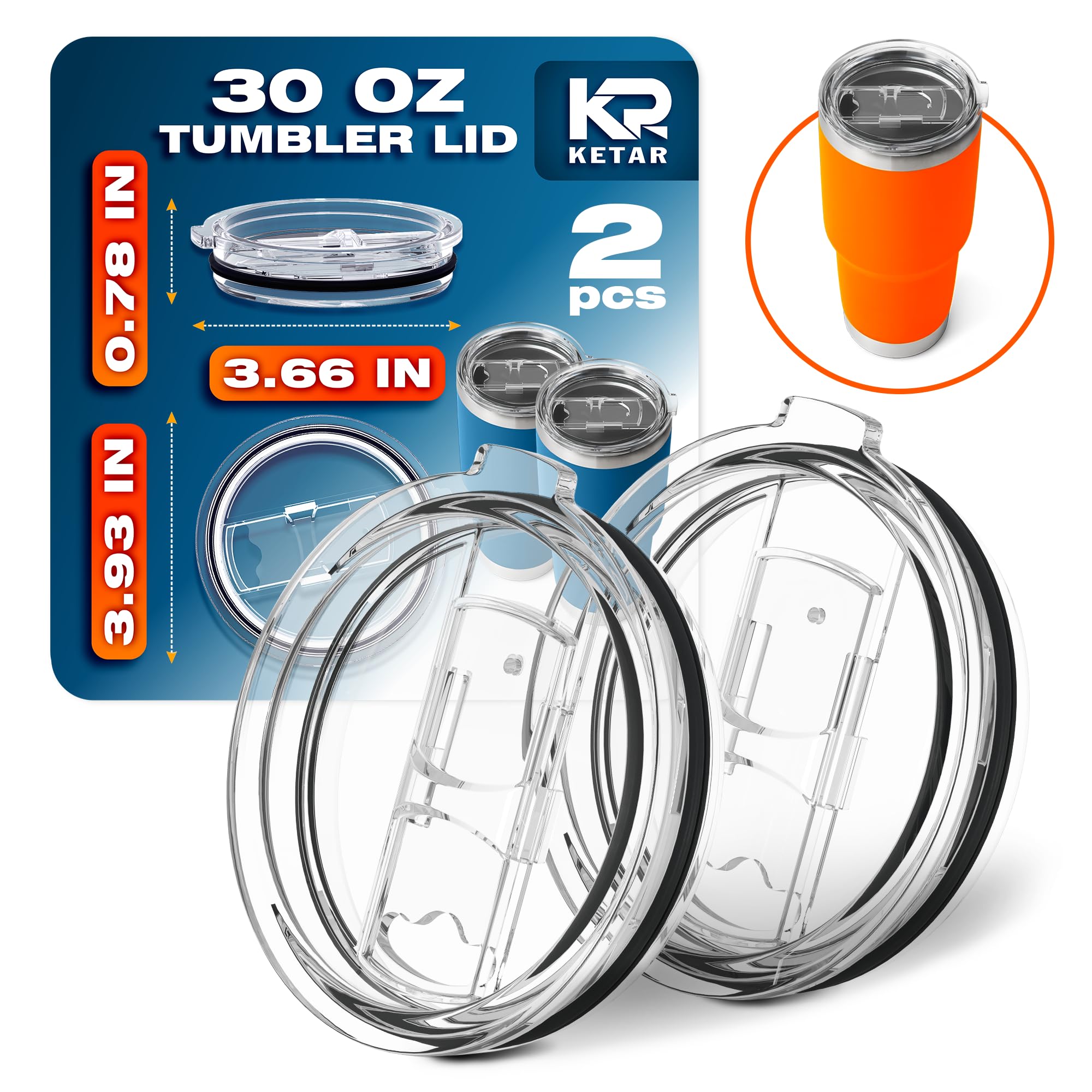 KETAR Arctic - 2 pack Universal 30 oz tumbler Lids with Sliding closure spill proof & Splash Resistant replacement perfect fit for RTIC, Yeti, Ozark trail rambler and other double wall steel cups