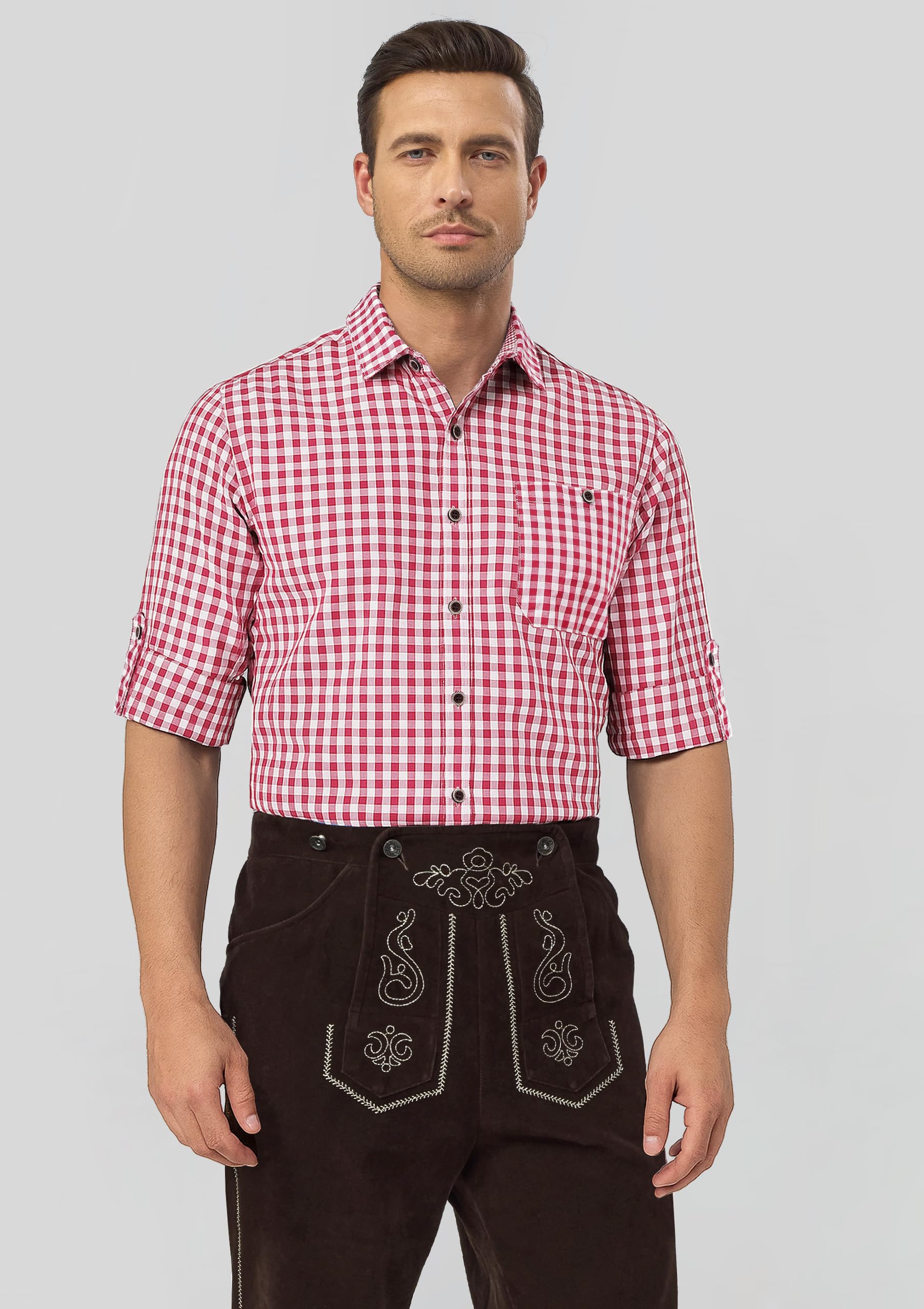 AMZHOTER Camicia da Uomo per Oktoberfest Camicia a Quadri Maniche Lunghe per Costume Tradizionale Maniche Corte in Cotone Blu Rosso Verde