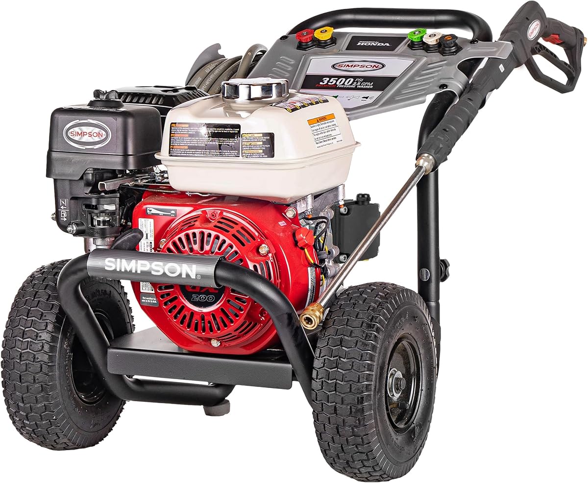Simpson PowerShot 3500 PSI Gas Pressure Washer, 2.5 GPM, Honda GX200 Engine | Gas Power Washer For Professionals. AAA Triplex Pump, 25' MorFlex Hose, 5 Nozzles, Steel Frame. 49-State Compliant. PS3228