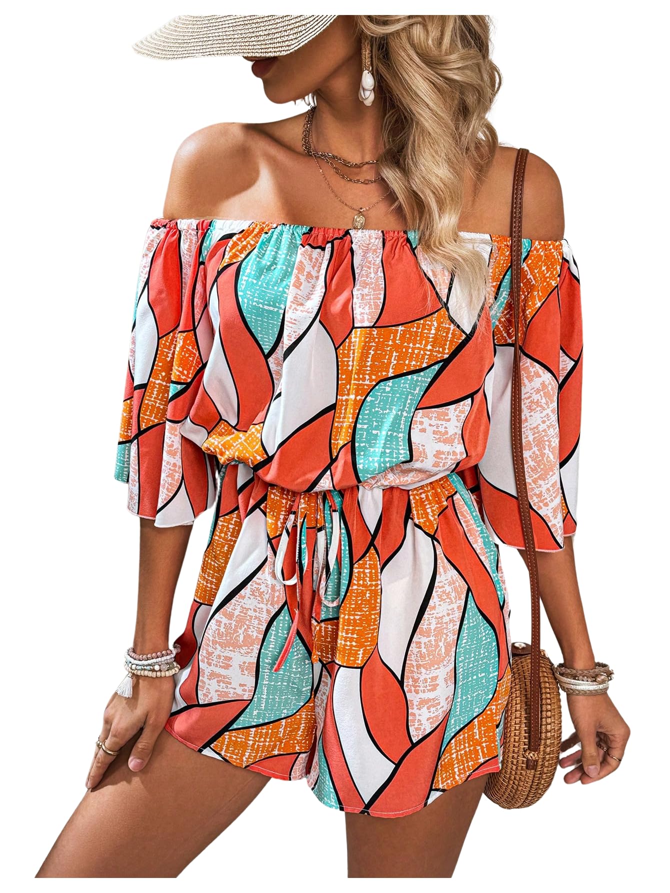 shenhe Women's Off Shoulder Flutter Sleeve Boho Tropical Romper Short Jumpsuit Playsuit-picture-0