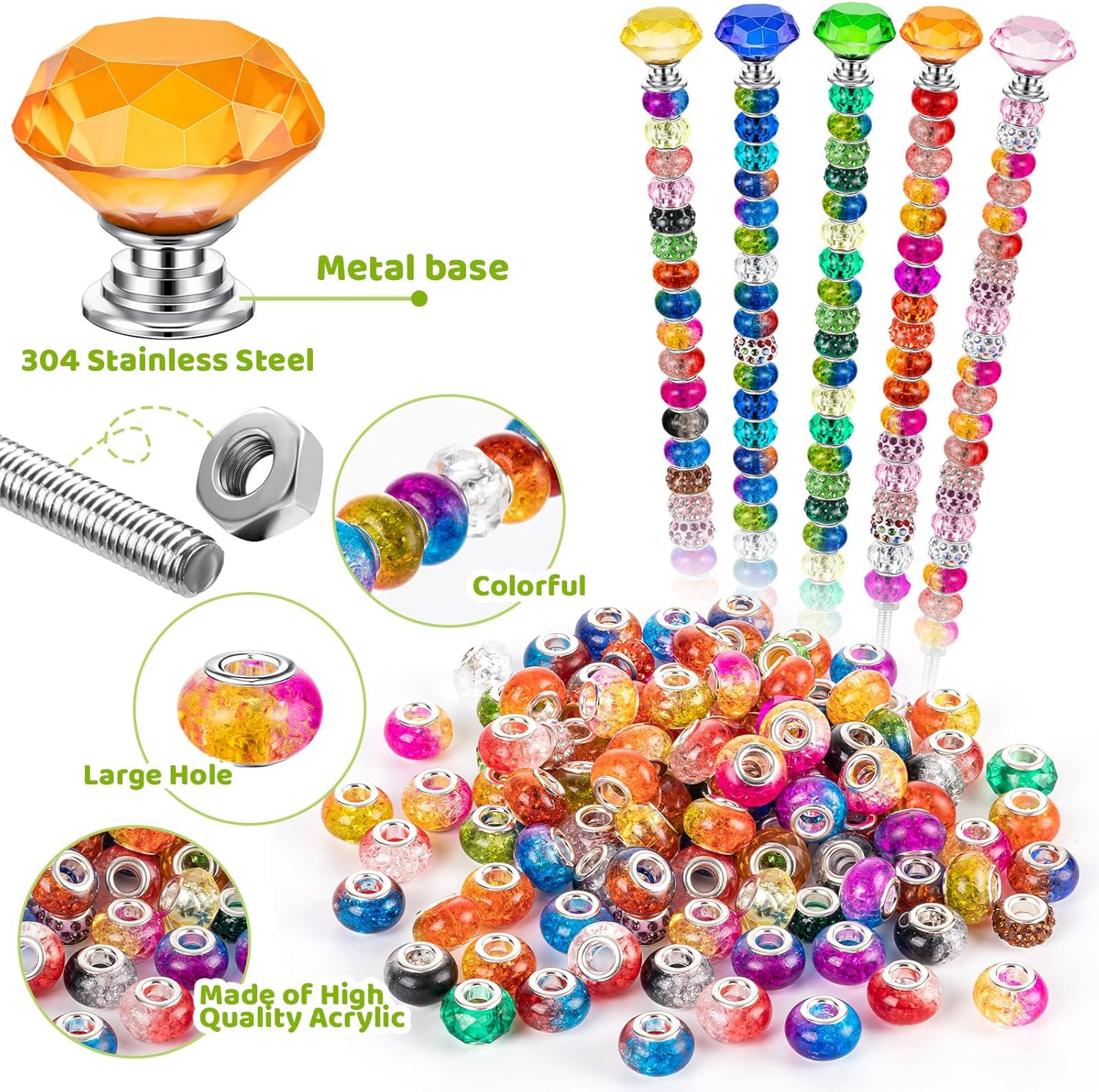 230 Pcs Beaded Garden Stakes, DIY Fairy Wand Garden Stake Beads Kits with 200 Colorful Assortment Round Large Hole Beads with 10 Crystal Stopper Top, 10 Threaded Rod and 10 Nuts for Outdoor Decoration - Image 3