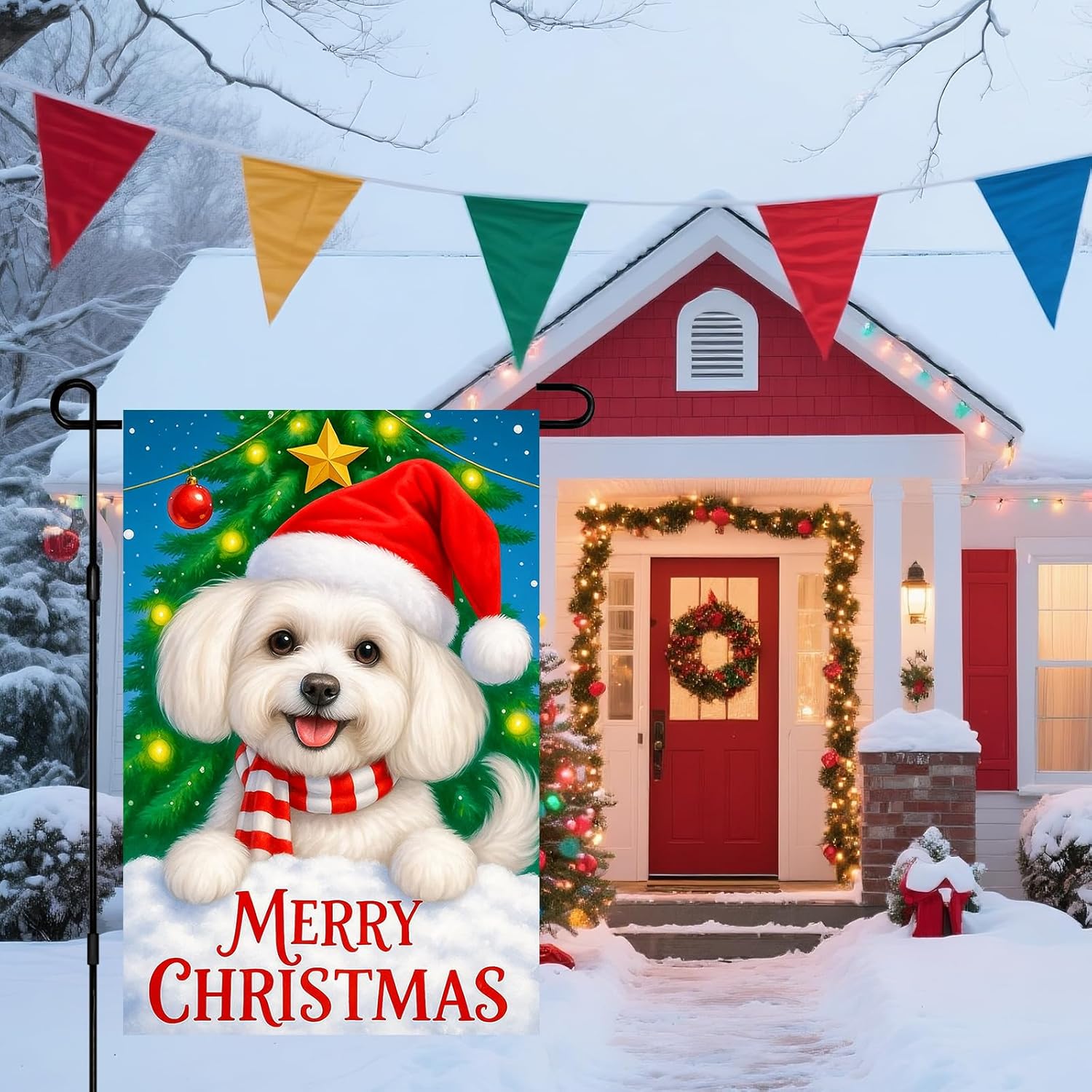 Cute White Dog Merry Christmas Garden Flag 12x18 Inch Double Sided Santa Hat White Puppy Garden Flag Fluffy Maltese Chri stmas Yard Flag for Porch or Lawn Holiday Dog Lover Decoration for Outdoors - Image 7