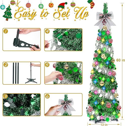 Miniatura 7 de RACPNEL Árbol de Navidad de oropel desplegable de 5 pies con luces, decoraciones, lentejuelas, árbol de Navidad plegable, artificial, decoración