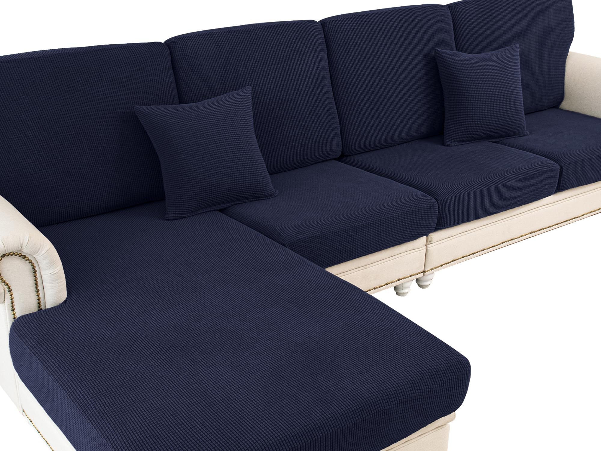 Couch Cushion Covers for Sectional Sofa L Shape Washable Separate Seat Chaise Couch Cover Stretch Sofa Slipcovers with 2 Pcs Pillowcases(2 Seater + 1 Chaise, Navy)