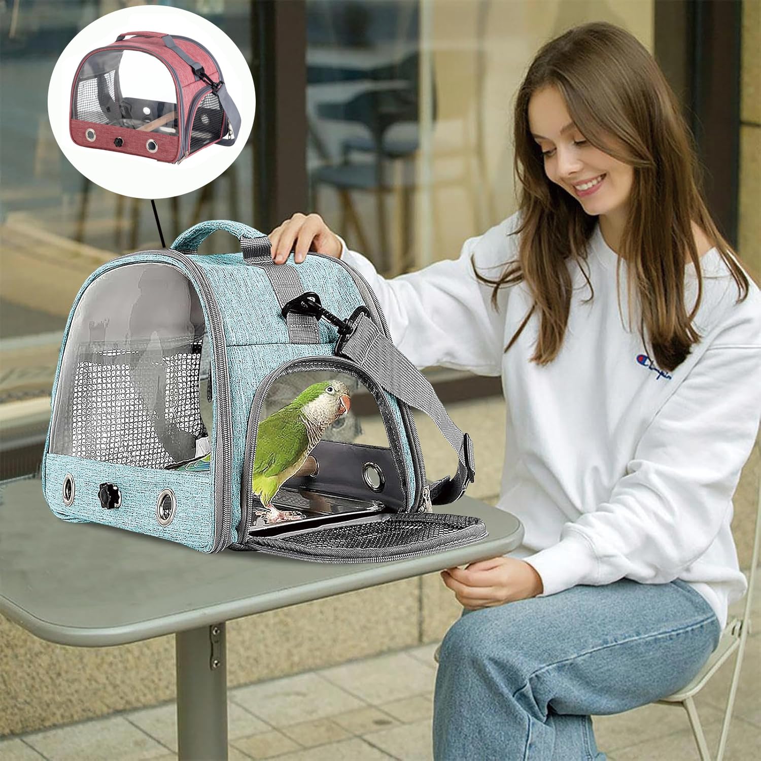 Jaula De Viaje para Pájaros con Percha Y Bandeja, Bolsa De Transporte para Pájaros, Transportador Portátil para, Bolsa De Viaje para Loros, para Periquitos y Loros Pequeños, Rosa