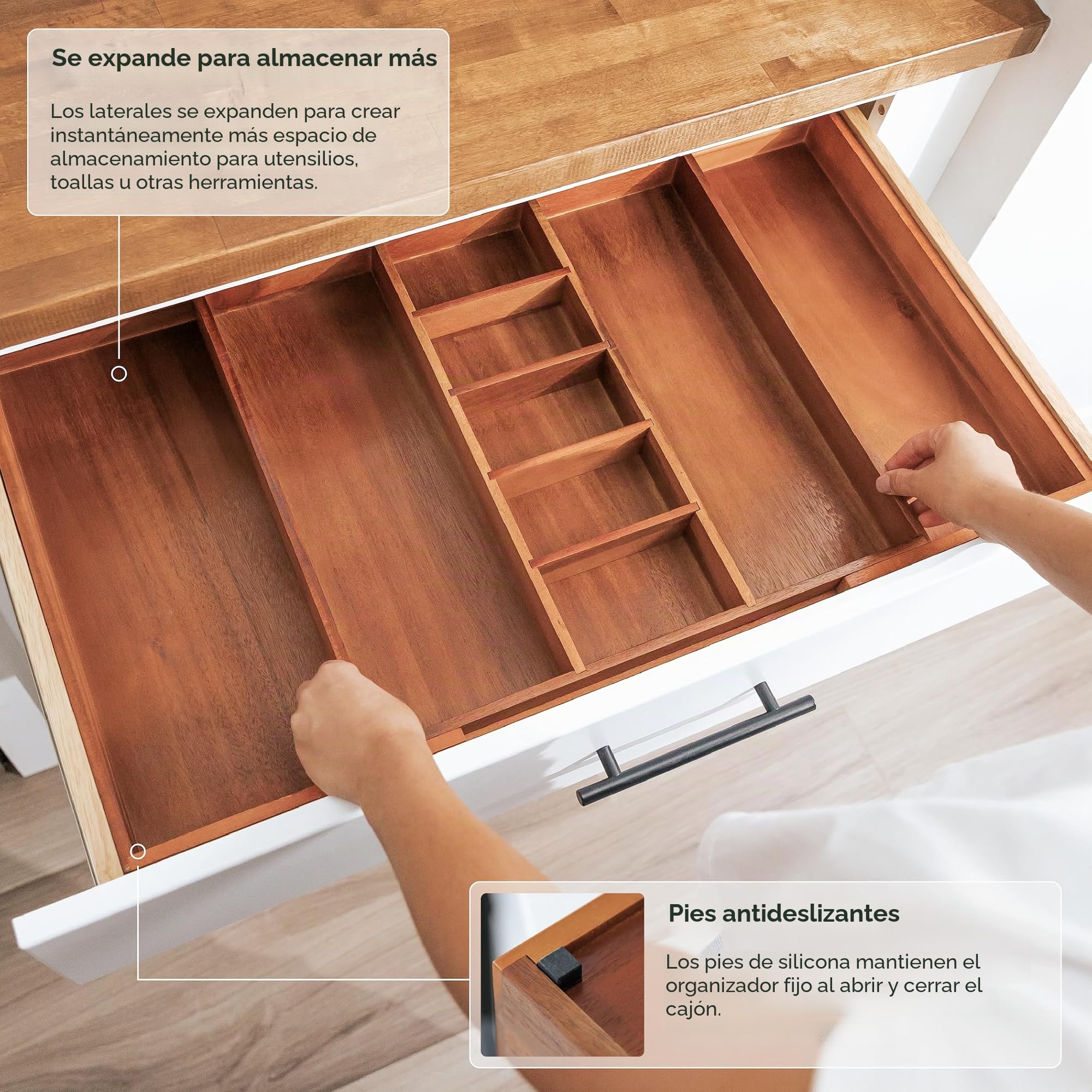 KitchenEdge Adjustable Kitchen Drawer Organiser for Utensils and Junk, Expandable to 33 Inches Wide, 9 Compartments, 100% Bamboo