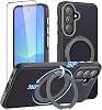Samsung Galaxy A57 ケース、MagSafe対応磁気ケース、テクニカルファブリックカーボンファイバーデザイン、360リングスタンド、スクリーンプロテクター付きスキンフィール耐衝撃PCフォンカバー
