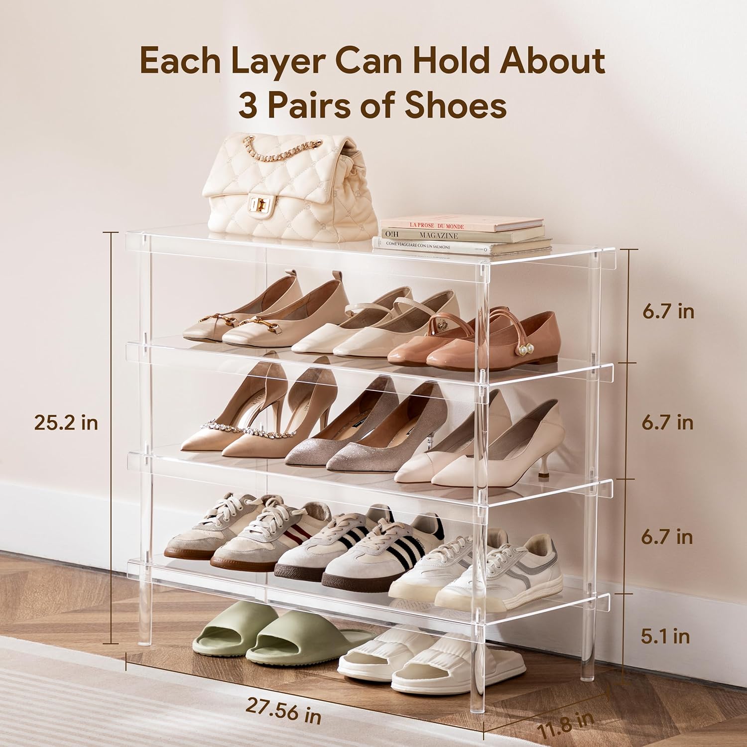 HBlife Shoe Rack for Closet, 4 Tier Clear Acrylic Shoe Organizer Shelf for Entryway, Free Standing Modern Aesthetic Shoe Storage Display Stand, 27.56" L x 11.8" W x 25.2" H