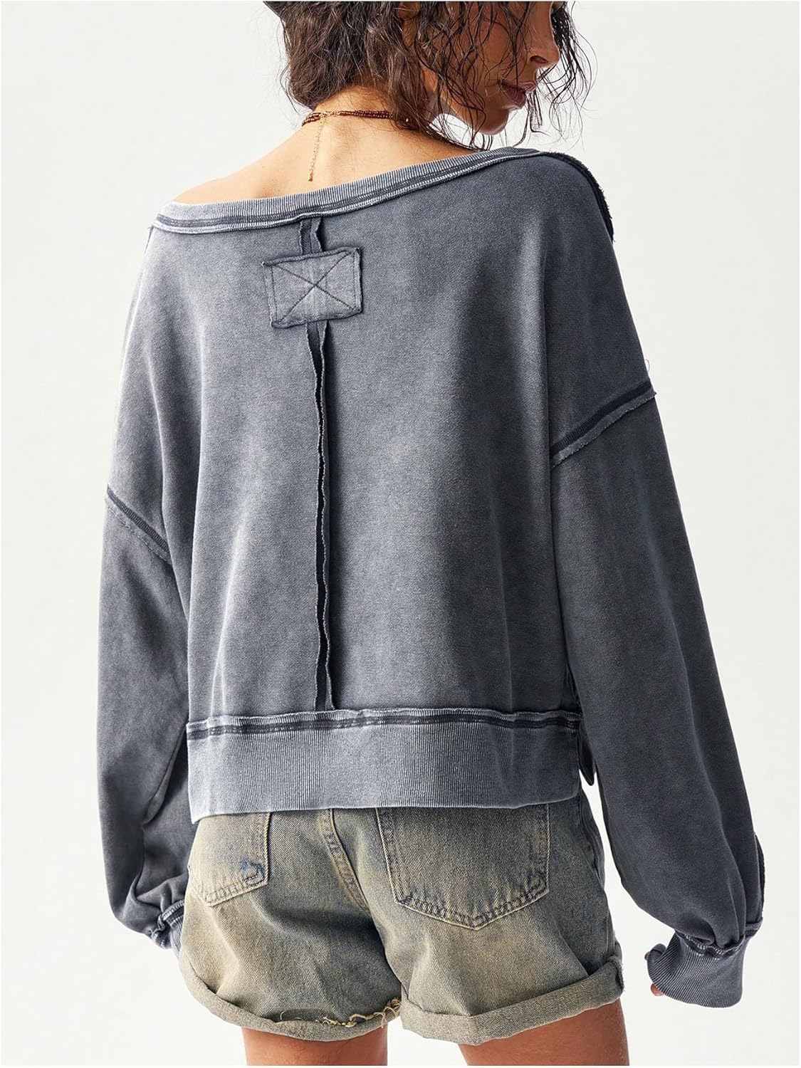 Women's Off The Shoulder Sweatshirts V Neck Long Sleeve Crop Tops Pullovers - Image 2