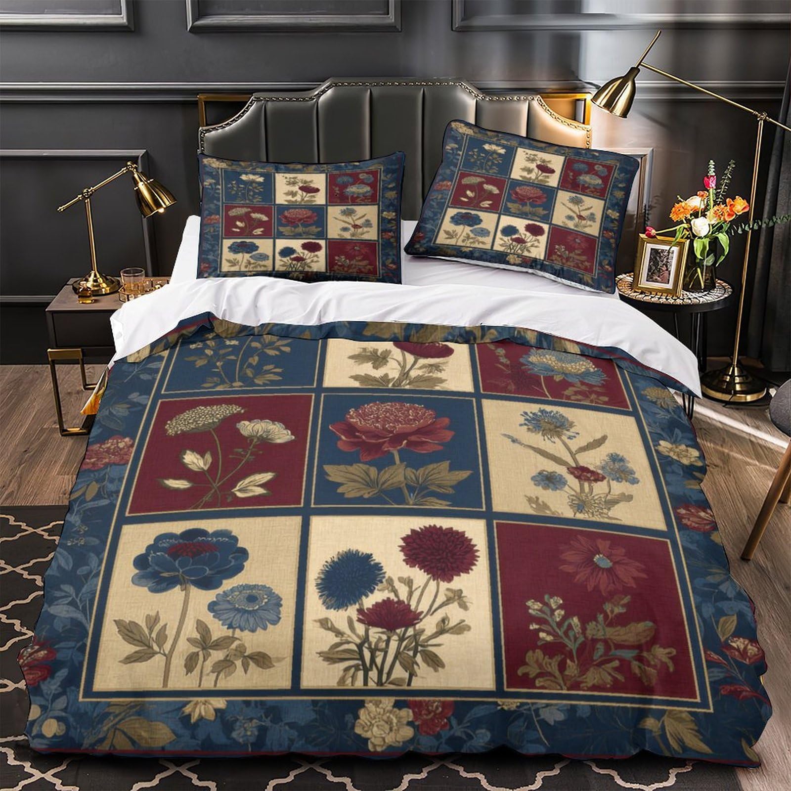 Housse de Couette Microfibre 220x240 Motif Floral Noir et Blanc avec Taies
