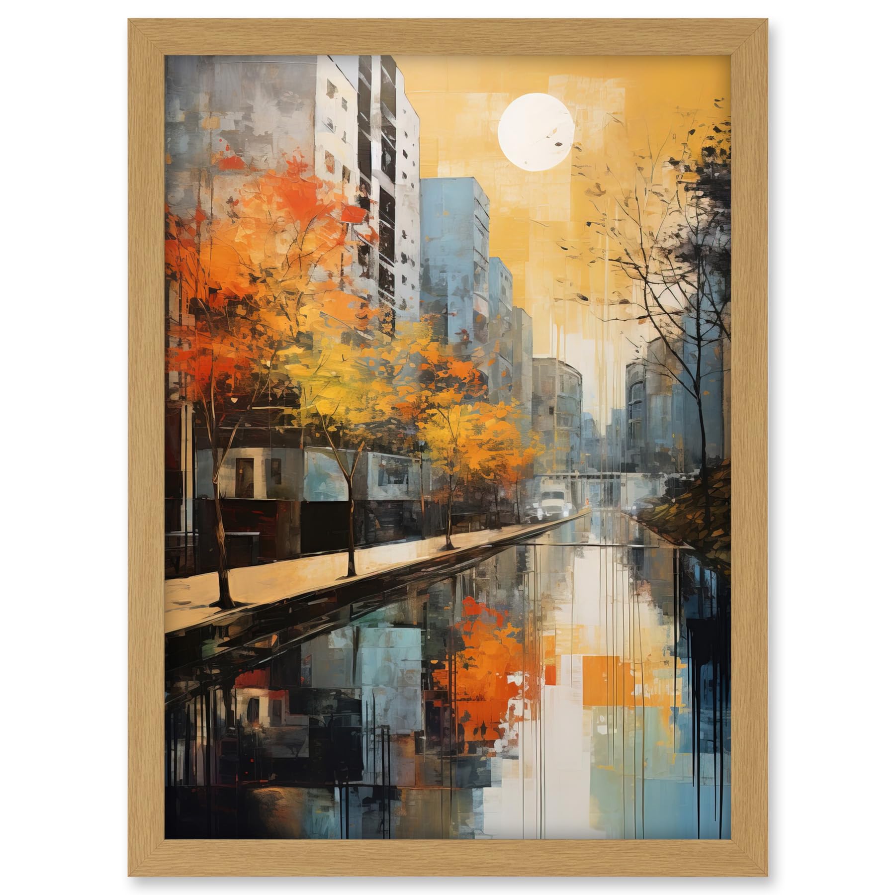 Artery8 Cityscape River Canal Oil Painting Blue Orange Trees Autumn in the City Artwork Framed A3 Wall Art Print