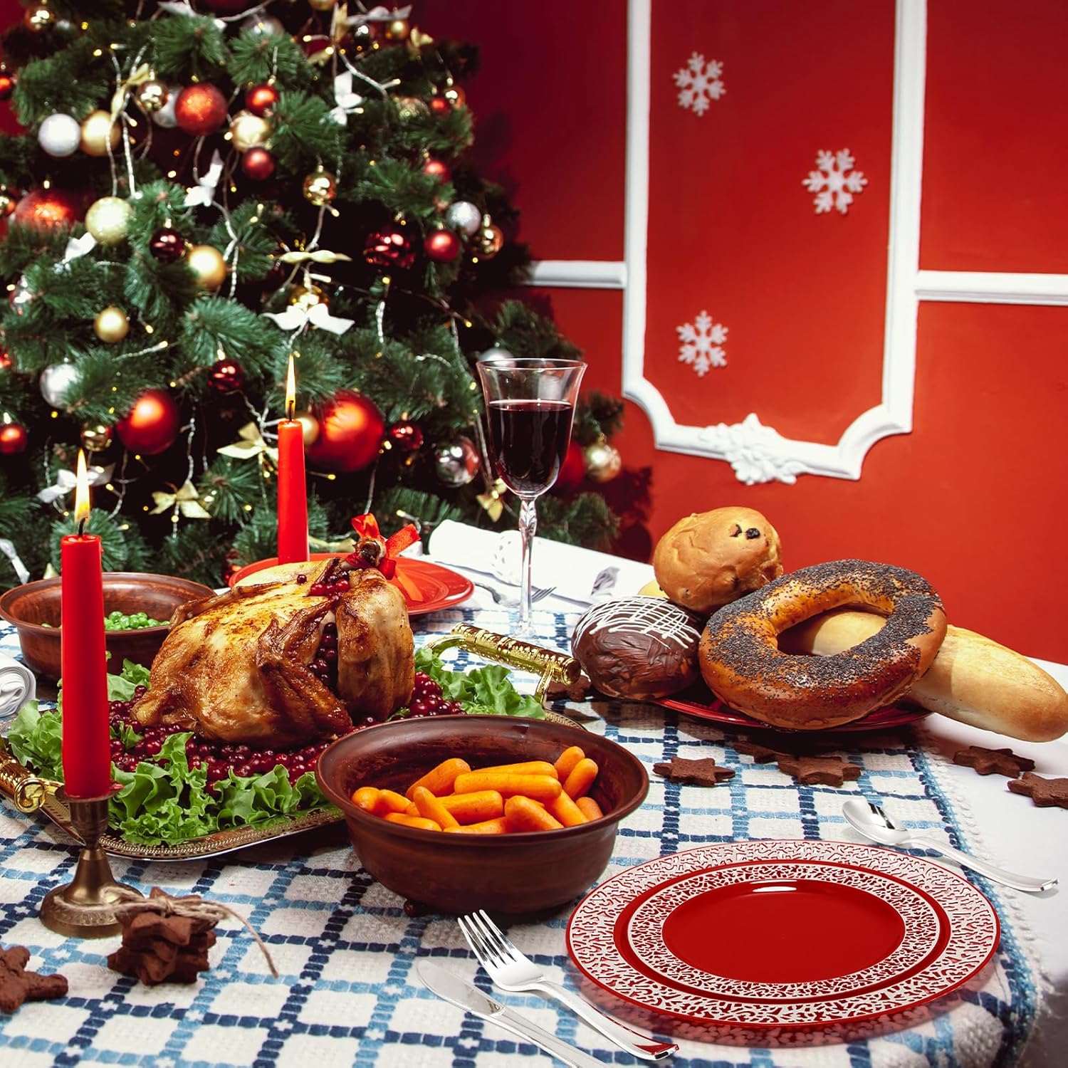 Norme 300 Pieces Disposable Plastic Dinnerware Set, 100 Plastic Plates, 150 Knives, Forks and Spoons with 50 Rimmed Cups for 50 Guests Wedding Party Supplies(Red Silver)