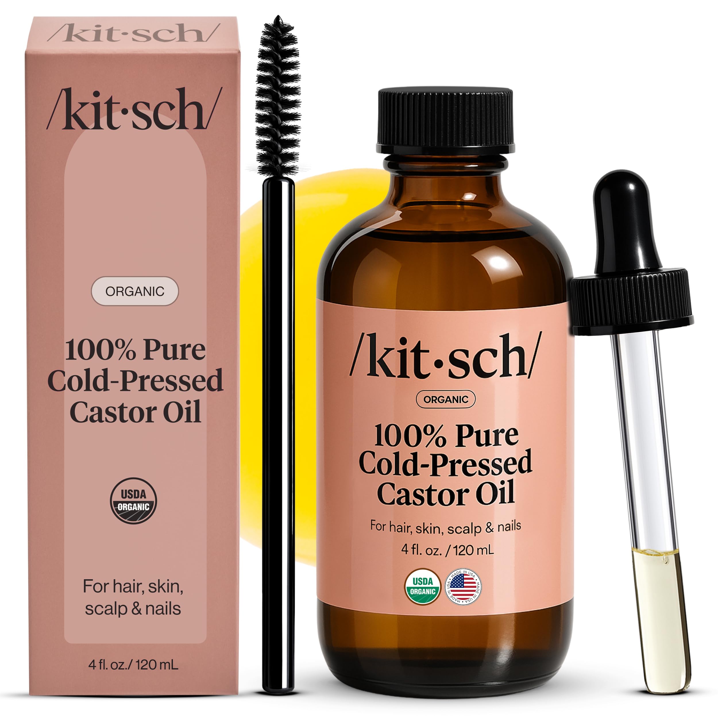 Kitsch Organic Castor Oil for Hair Growth - 100% Pure Castor Oil, Organic Cold Pressed Unrefined Glass Bottle for Face, Skin, Lashes, Brows, Scalp, Nails & Belly Button - Hexane Free, USDA - 4 oz